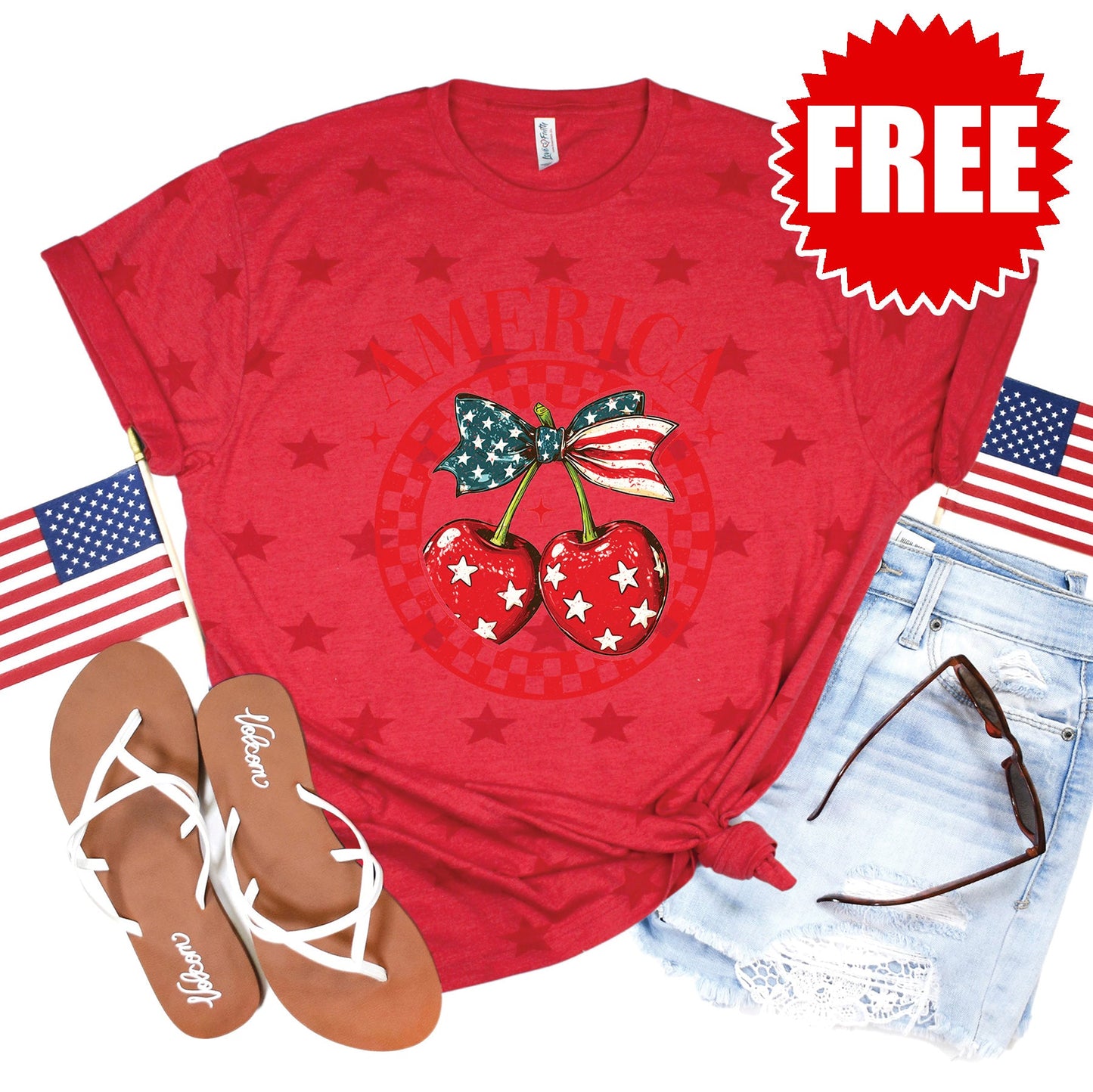 America Cherries Tee - Red Star Print - 0