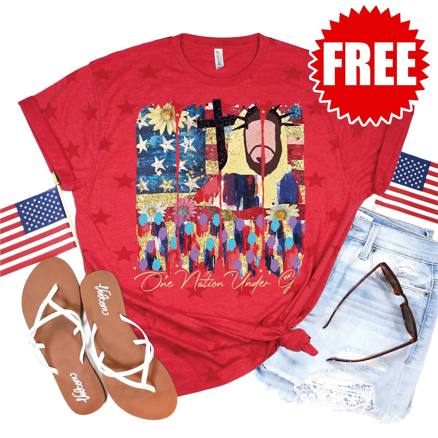 One Nation Under God Tee - Red Star Print - 0 Style001