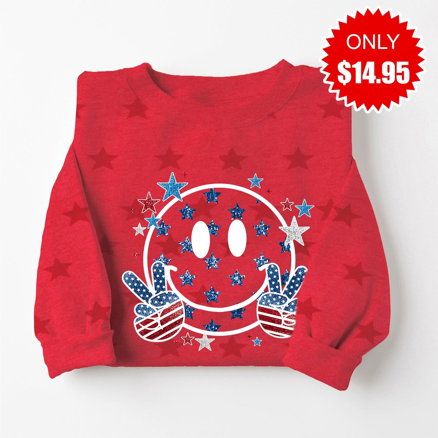 Patriotic Smiley Sweatshirt - Red Star Print - 14.95