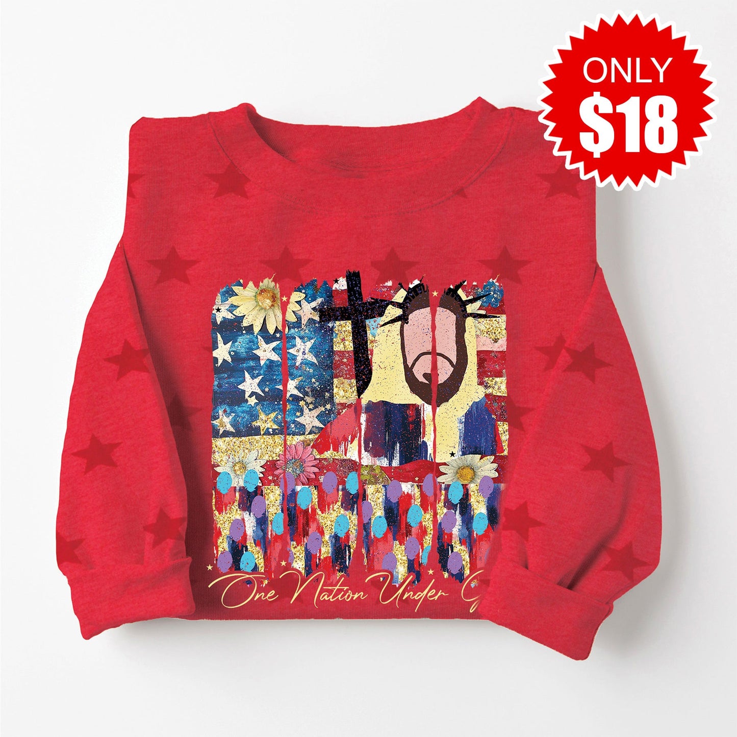 One Nation Under God Sweatshirt - Red Star Print - 18 Style002
