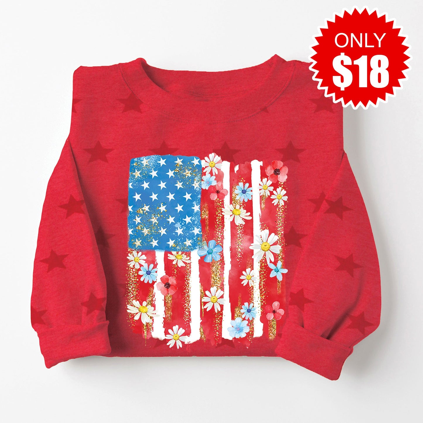 Patriotic Flag Sweatshirt - Red Star Print - 18