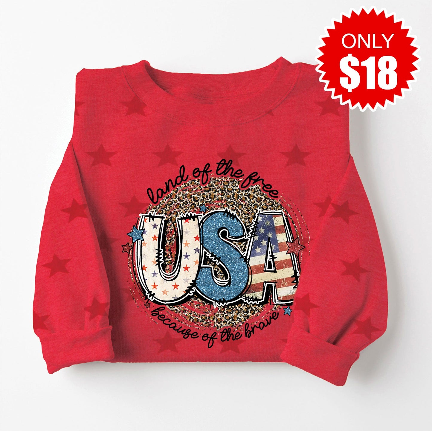 Land Of The Free USA Sweatshirt - Red Star Print - 18