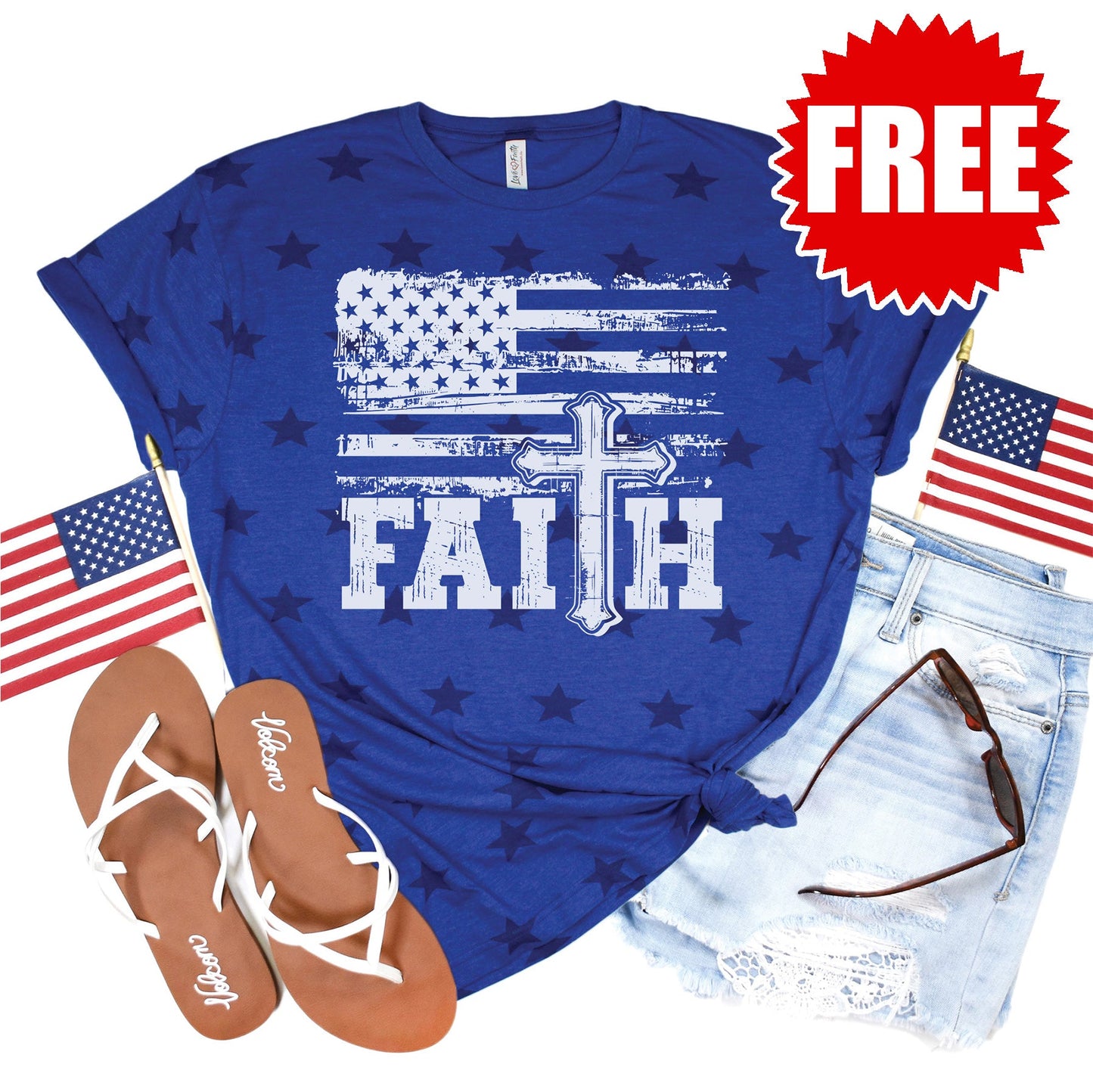 Faith Flag Tee - Blue Star Print - 0