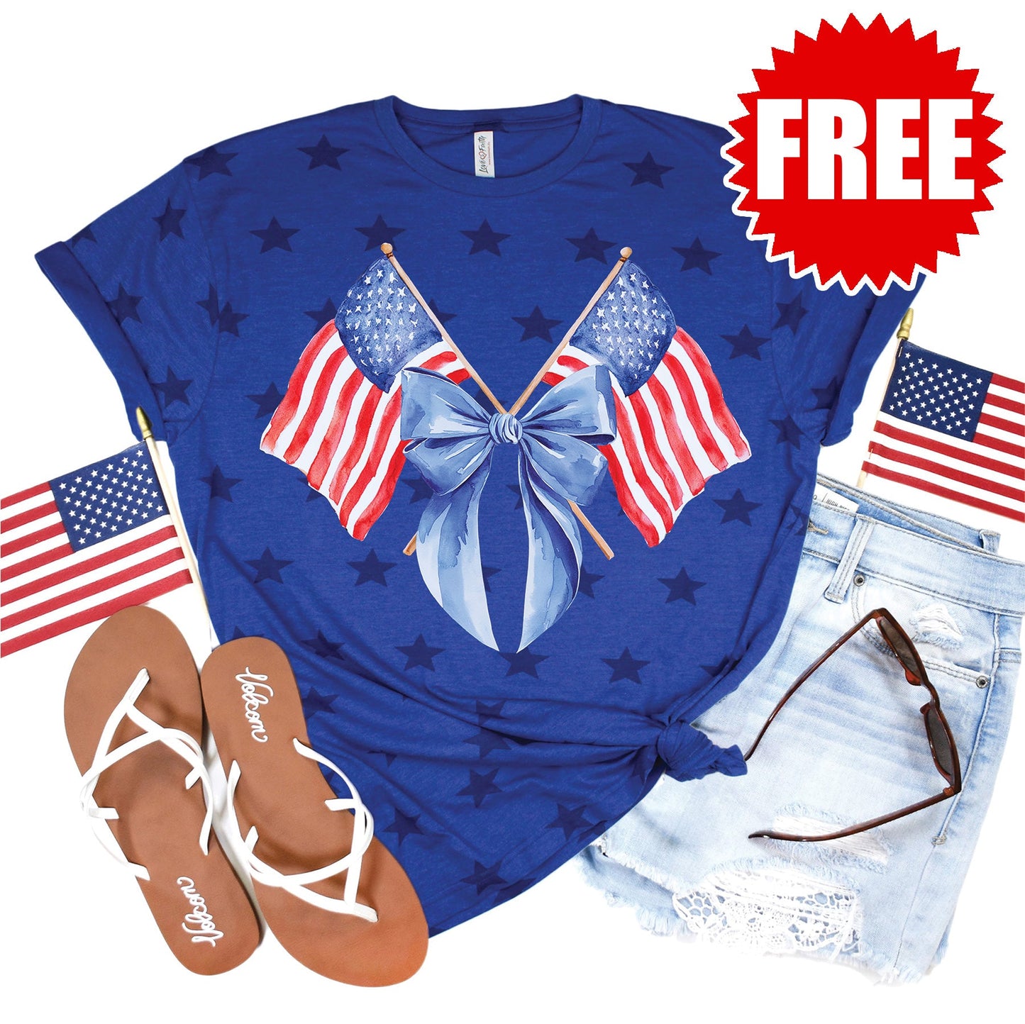 USA Flag Bow Tee - Blue Star Print - FREE