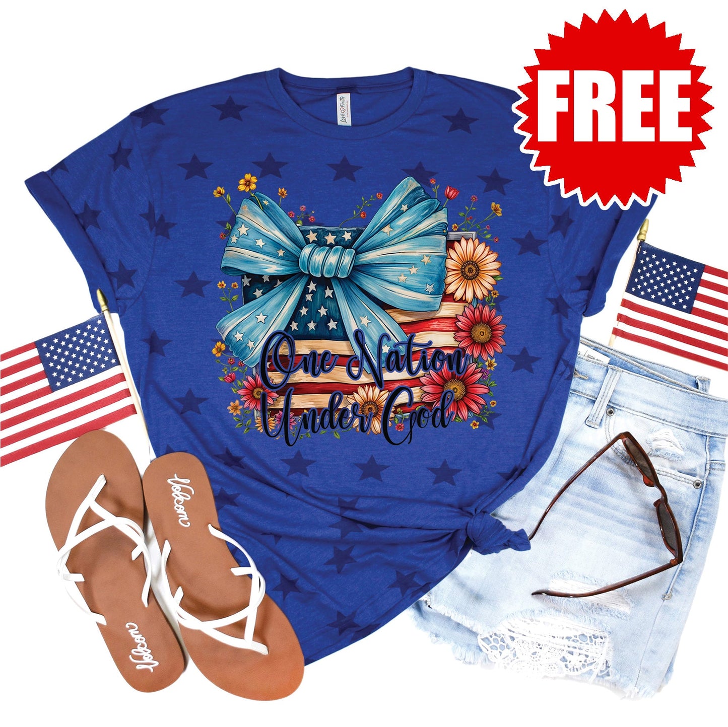 One Nation Under God Ribbon Tee - Blue Star Print - 0