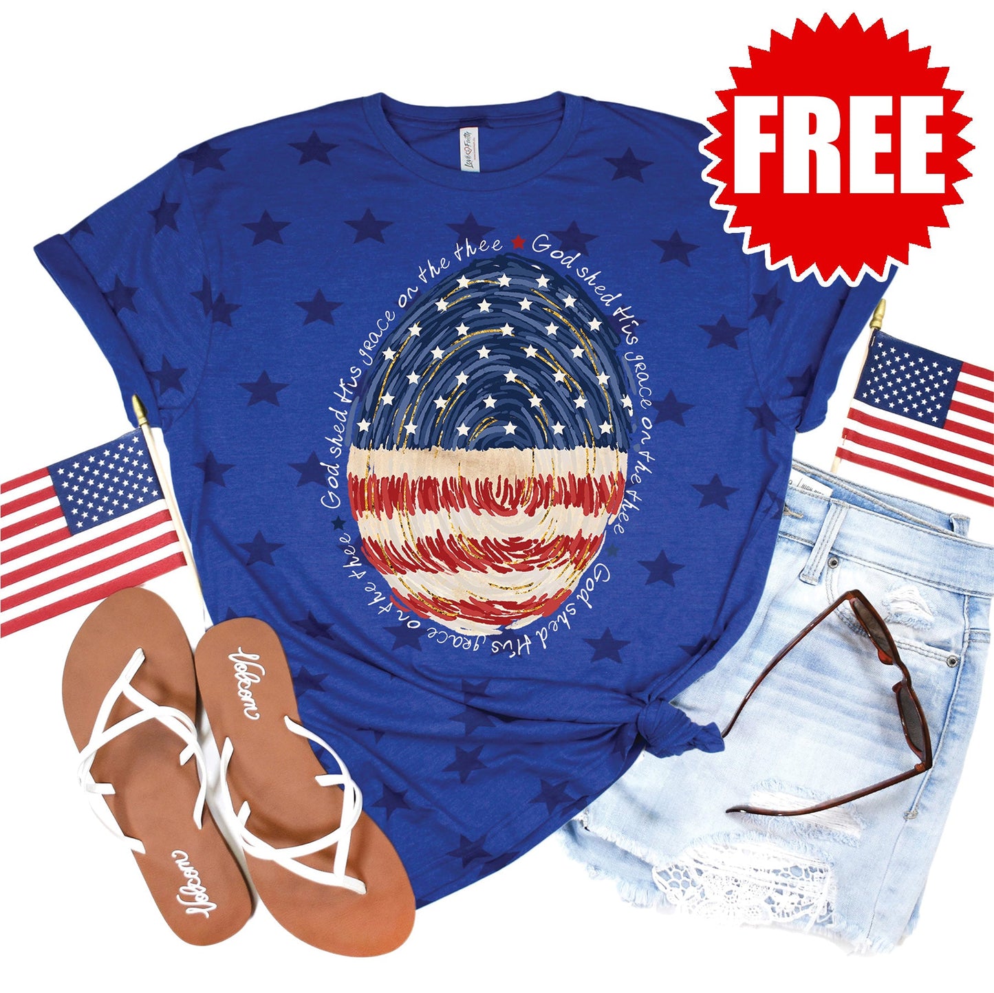 God Shed His Grace Fingerprint Tee - Blue Star Print - 0