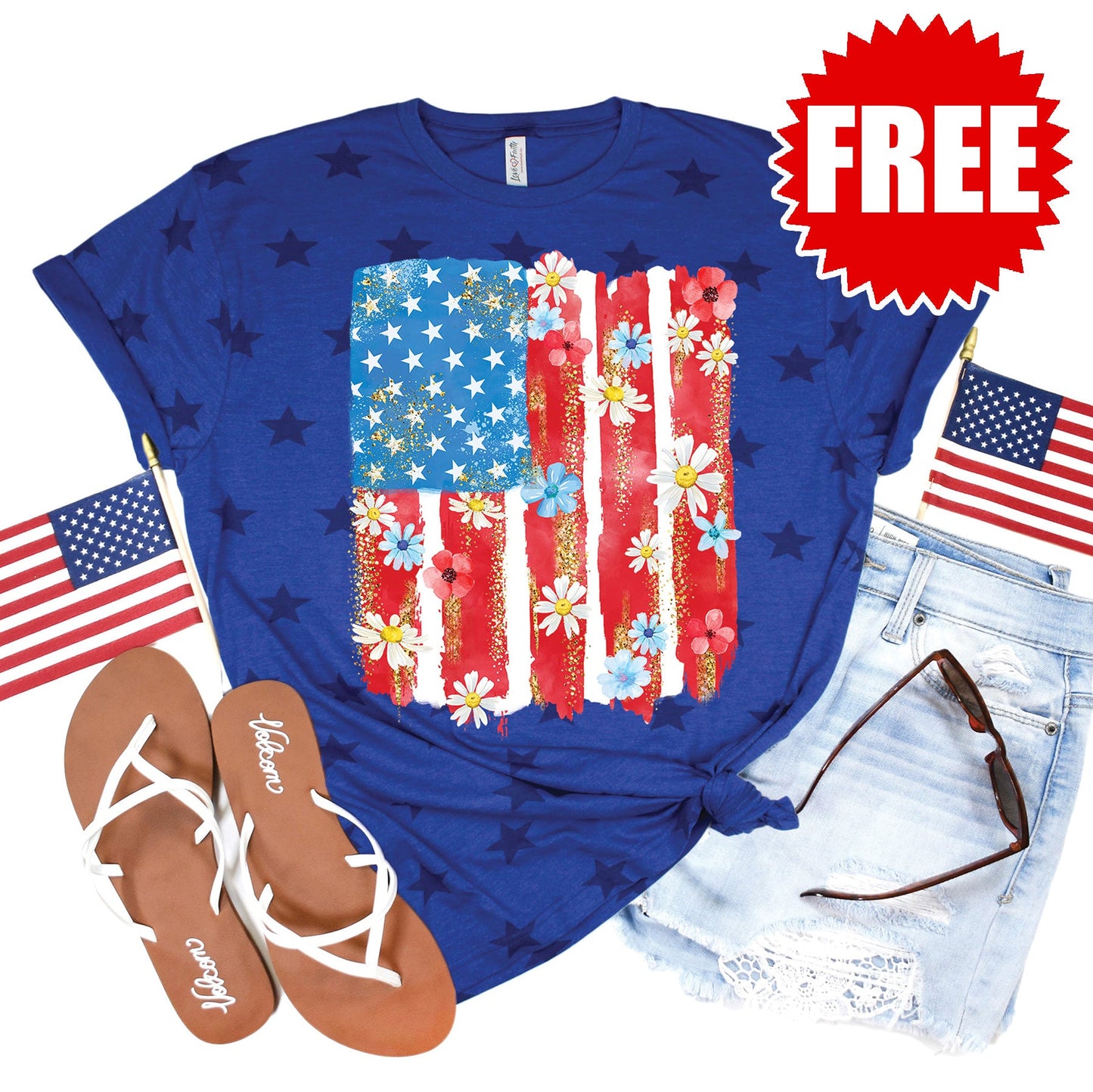 Patriotic Flag Tee - Blue Star Print - 0