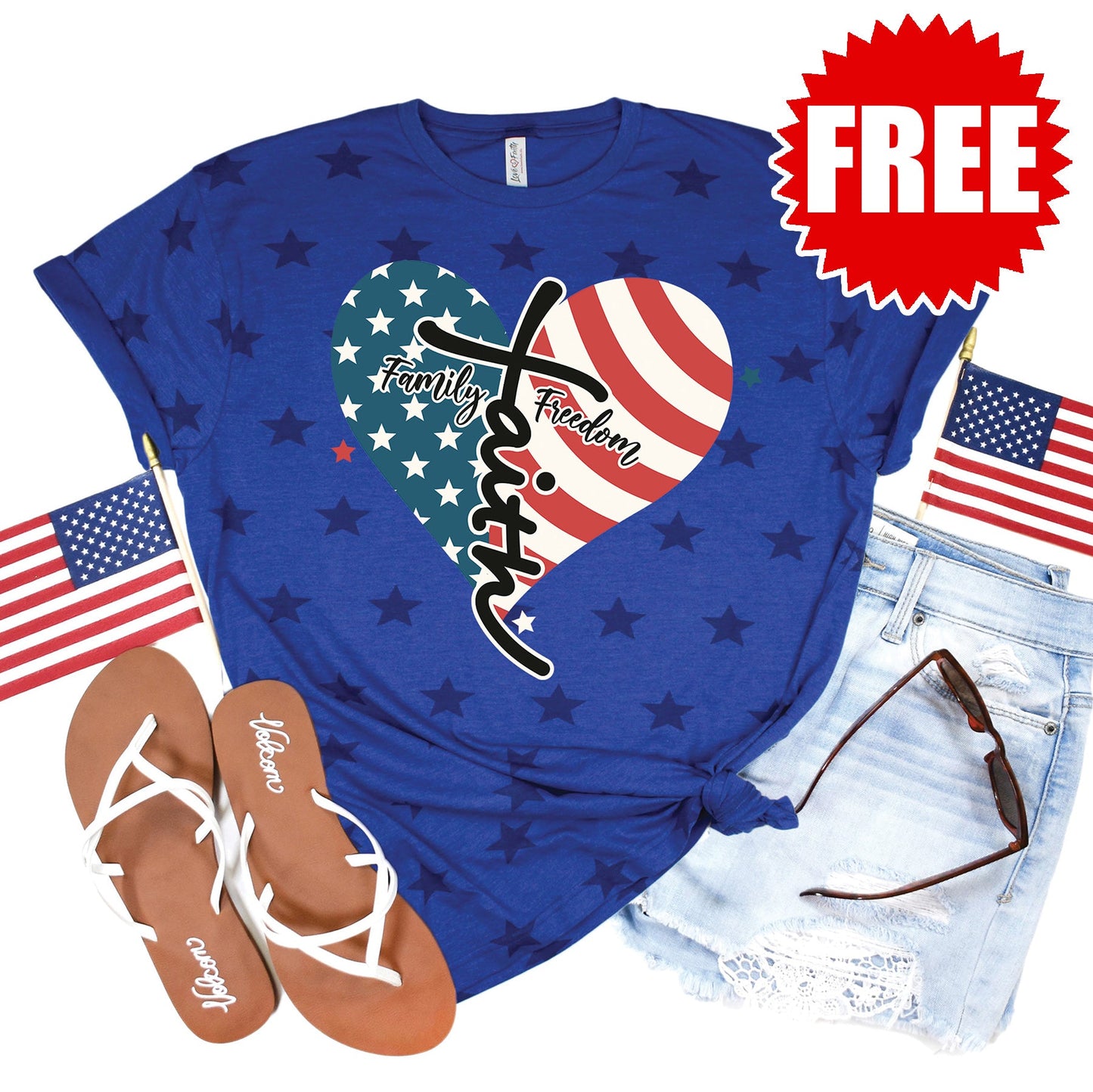 Faith Family Freedom USA Tee - Blue Star Print - 0