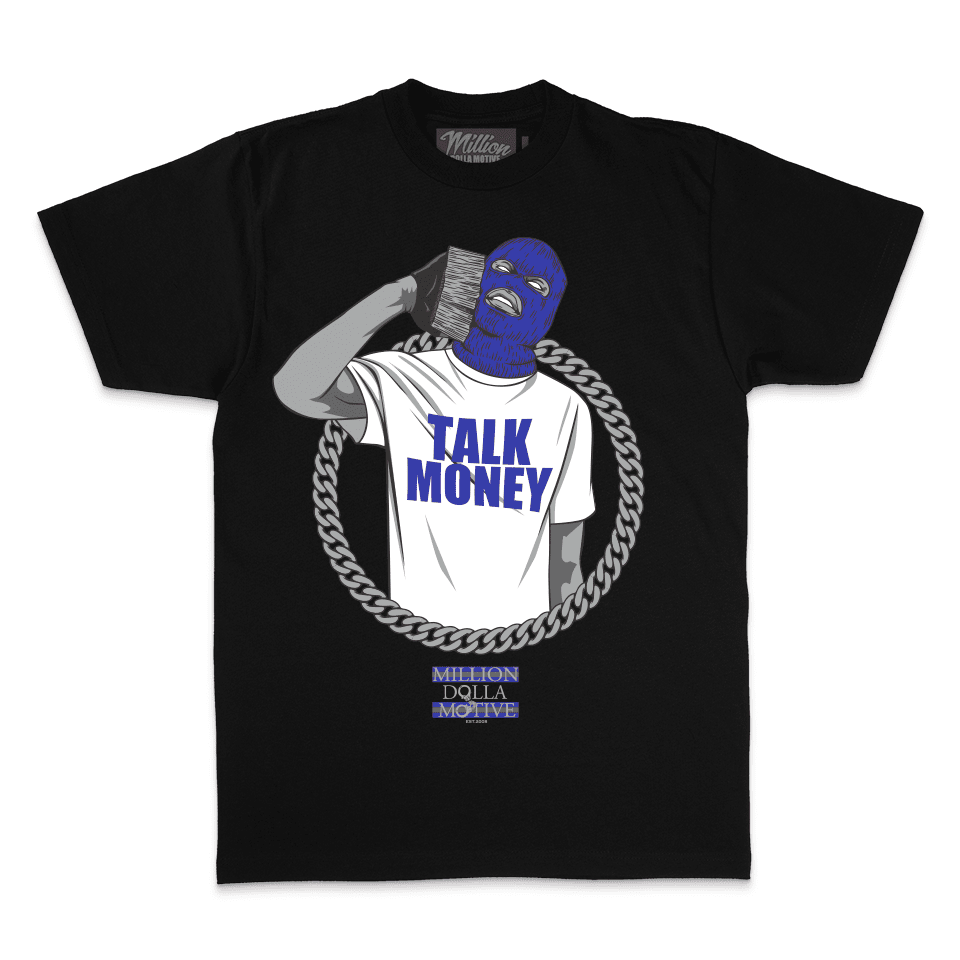 Talk Money Phone - Royal Blue on Black T-Shirt