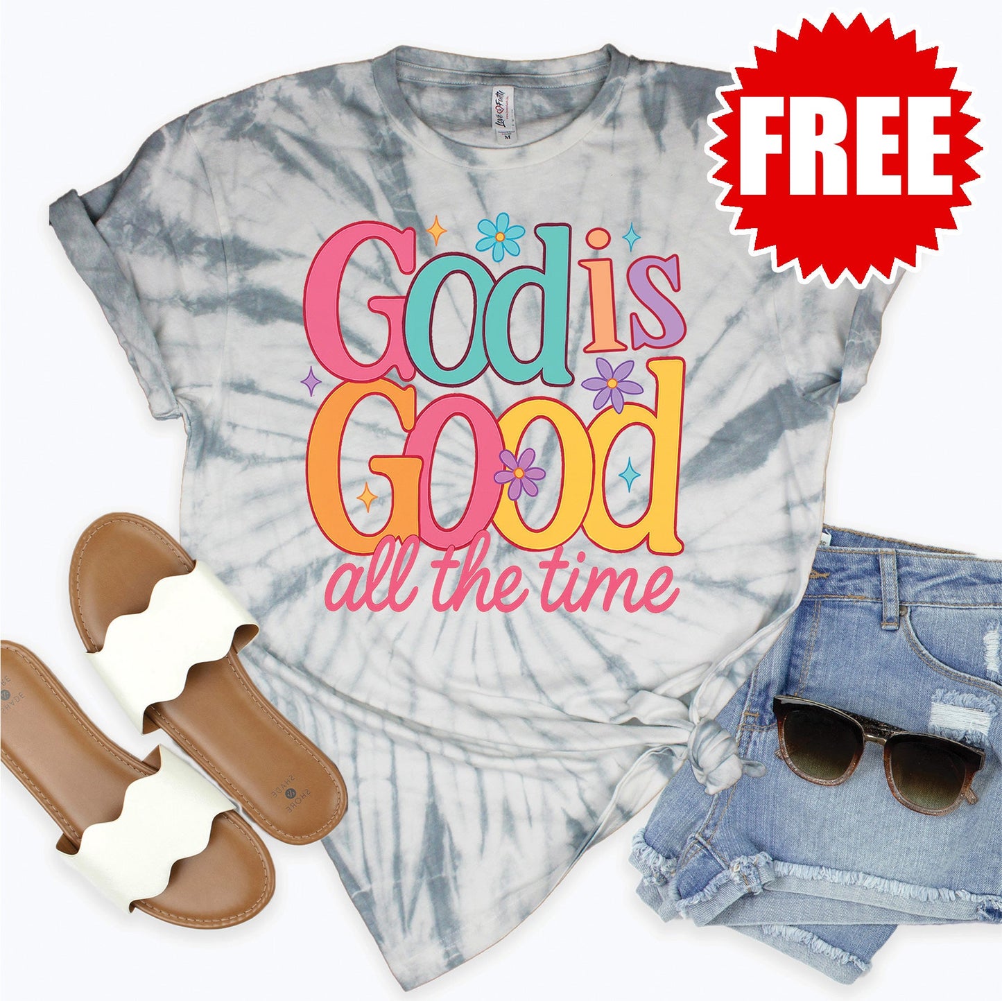 God is Good All The Time Tee - Tie Dye Soft Grey - 0