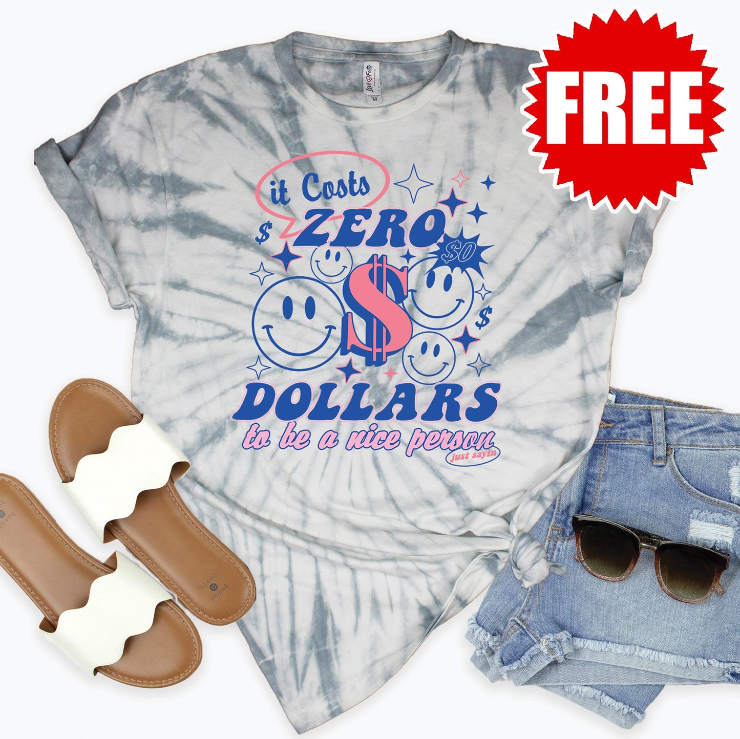 Costs Zero Tee - Tie Dye Soft Grey - 0