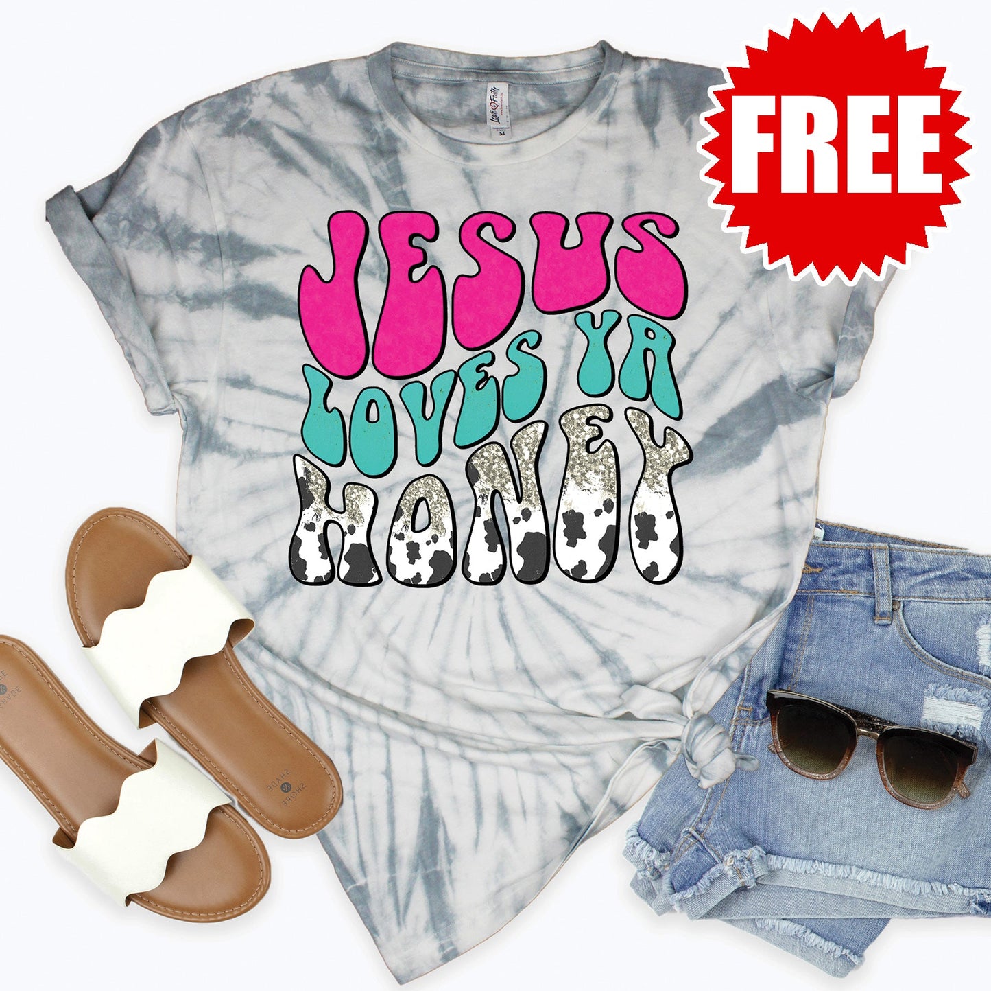 Jesus Loves Ya Tee - Tie Dye Soft Grey - 0
