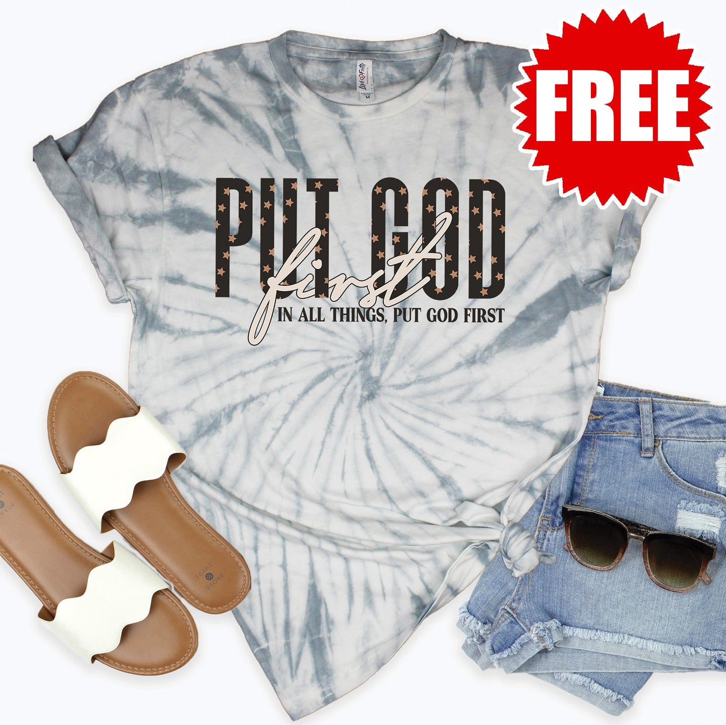 Put God First Tee - Tie Dye Soft Grey - 0