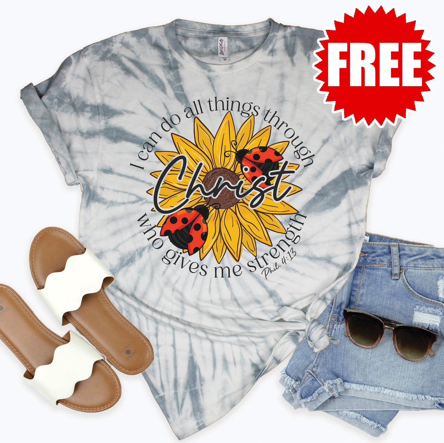 Philippians 4:13 Ladybug Tee - Tie Dye Soft Grey - 0