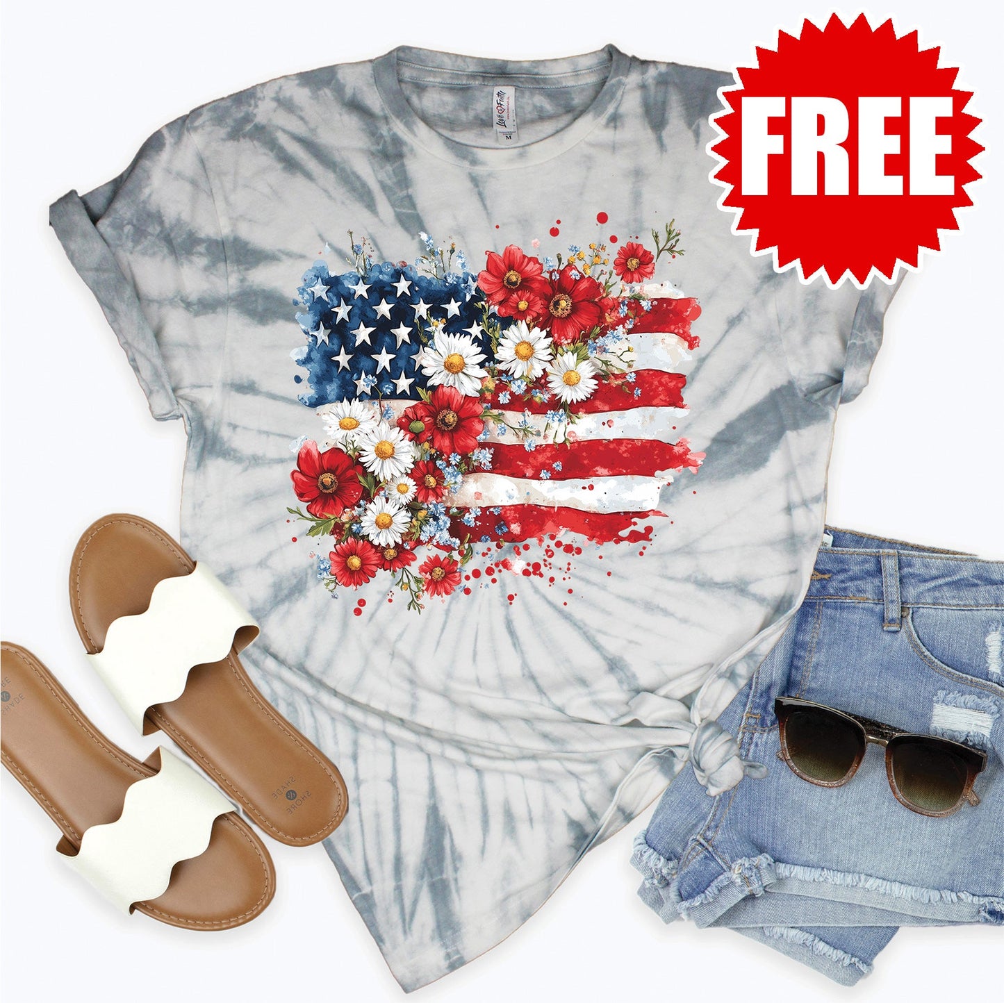 Floral Flag Tee - Tie Dye Soft Grey - 0