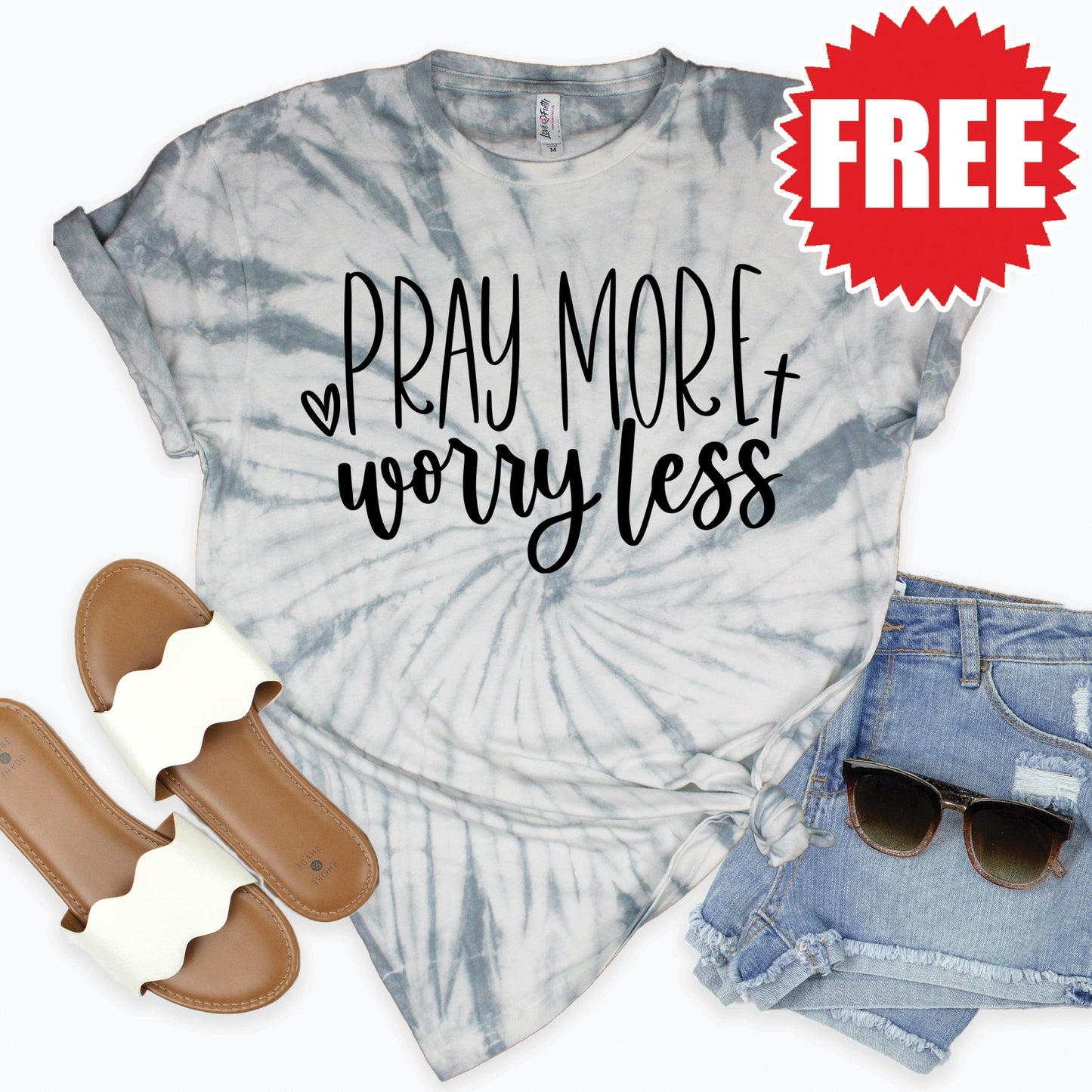 Pray More Worry Less Tee - Tie Dye Soft Grey - 0