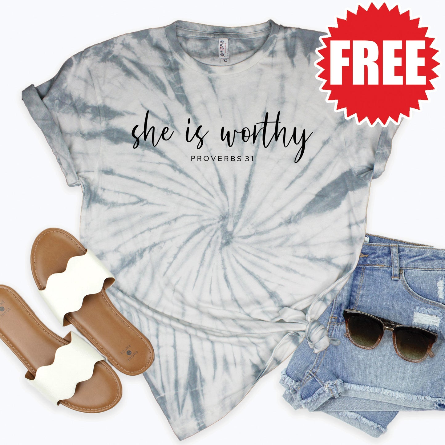 She Is Worthy Tee - Tie Dye Soft Grey - 0
