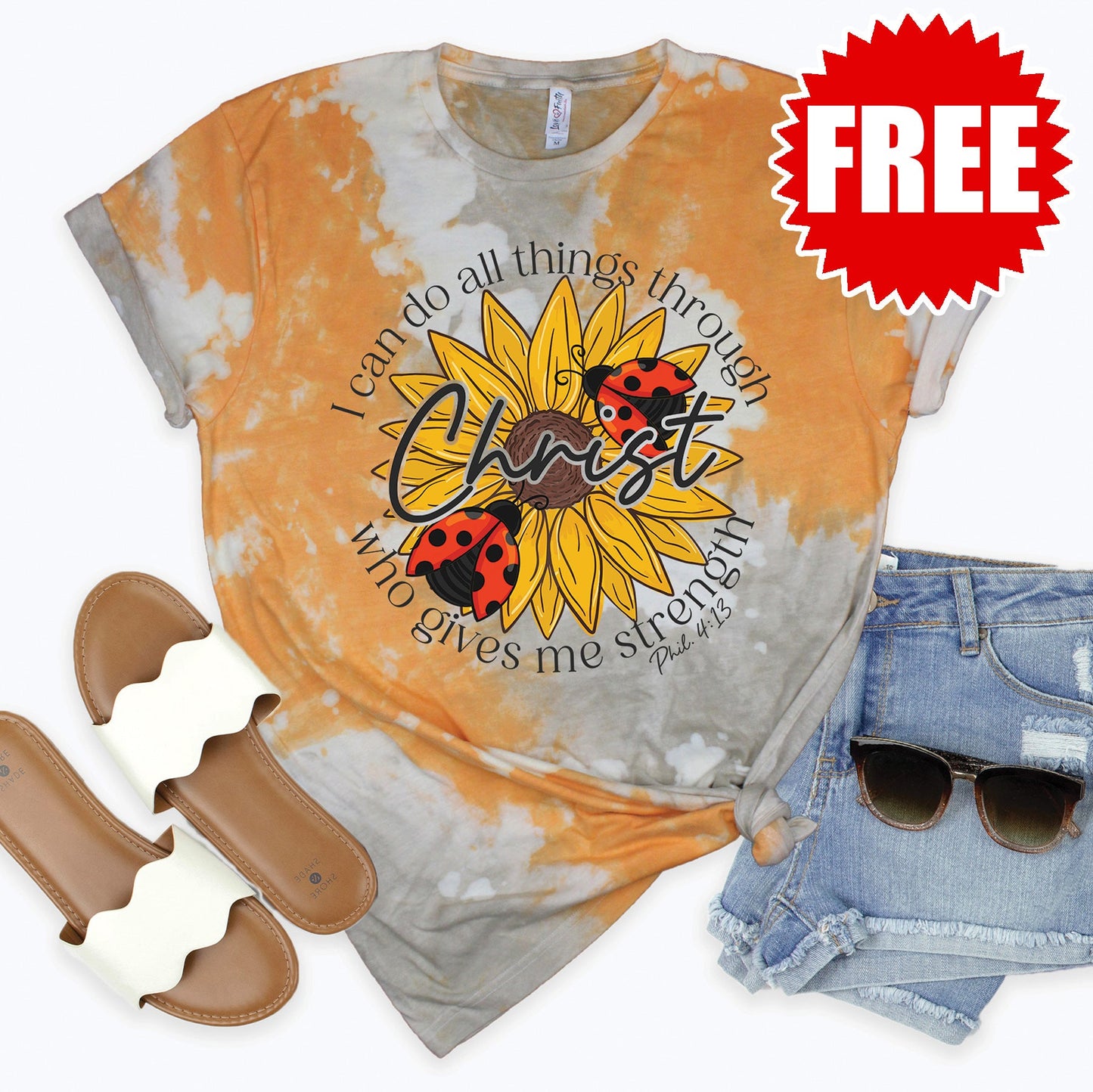 Philippians 4:13 Ladybug Tee - Toast Splash Tie Dye - 0