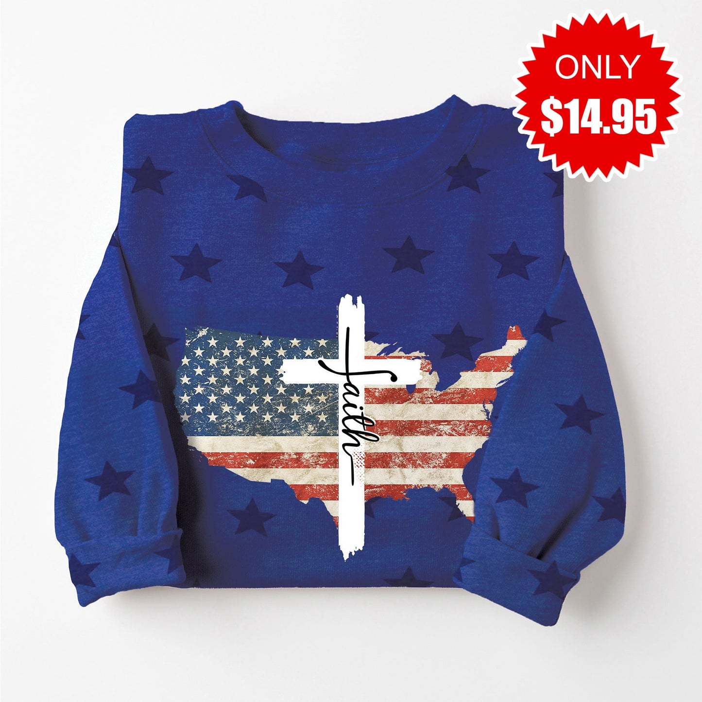 USA Faith Cross Sweatshirt - Blue Star Print - 14.95