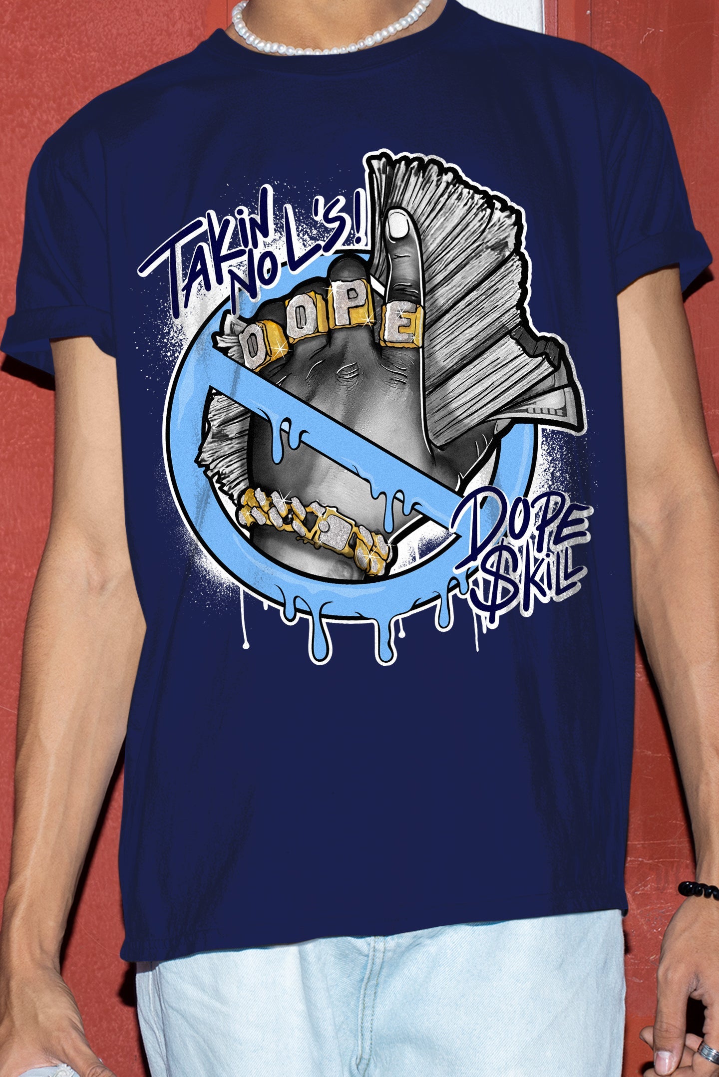 AJ 6 University Blue DopeSkill College Navy T-Shirt Takin No L's Graphic