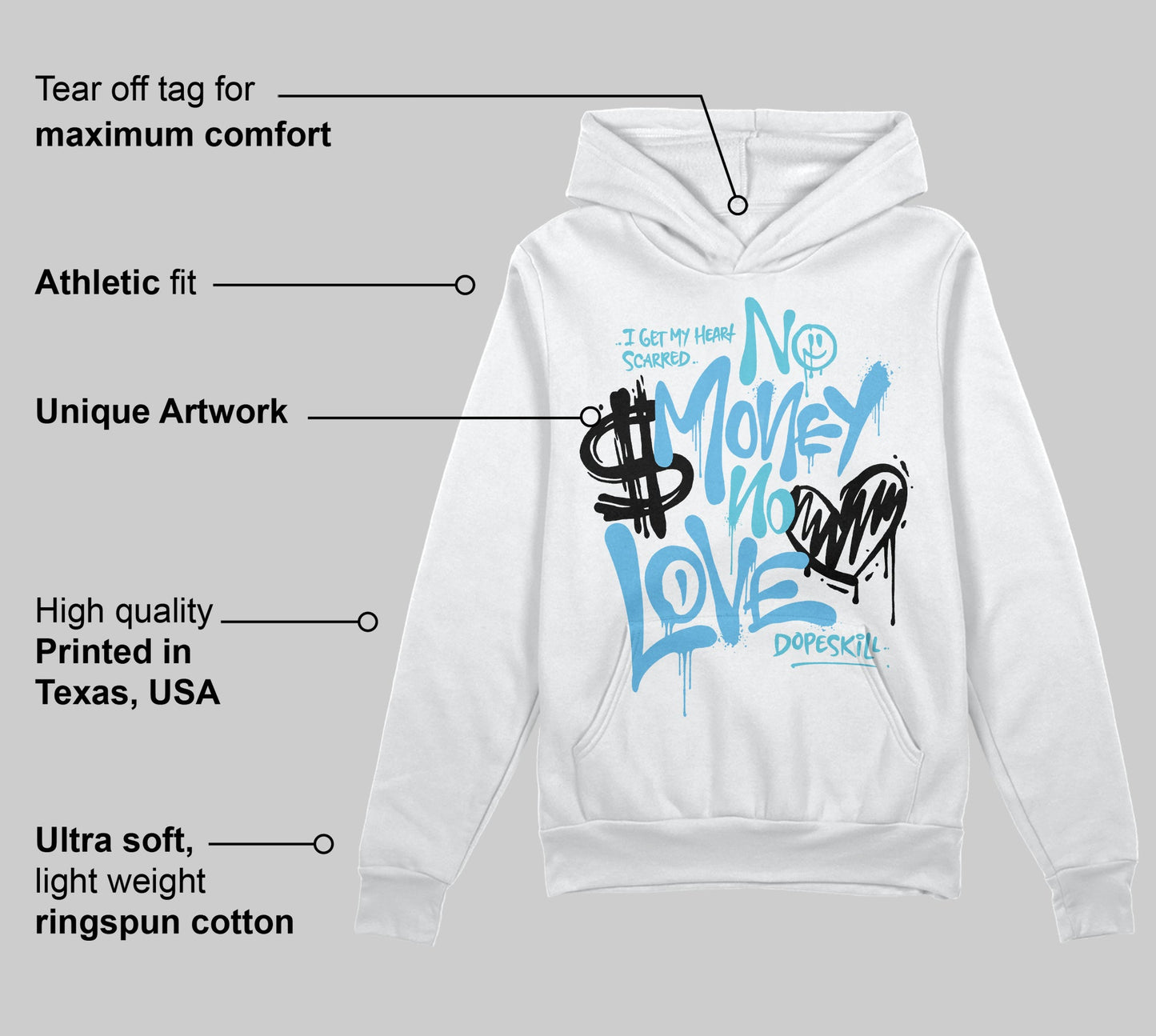 Legend Blue 11s DopeSkill Hoodie Sweatshirt No Money No Love Typo Graphic