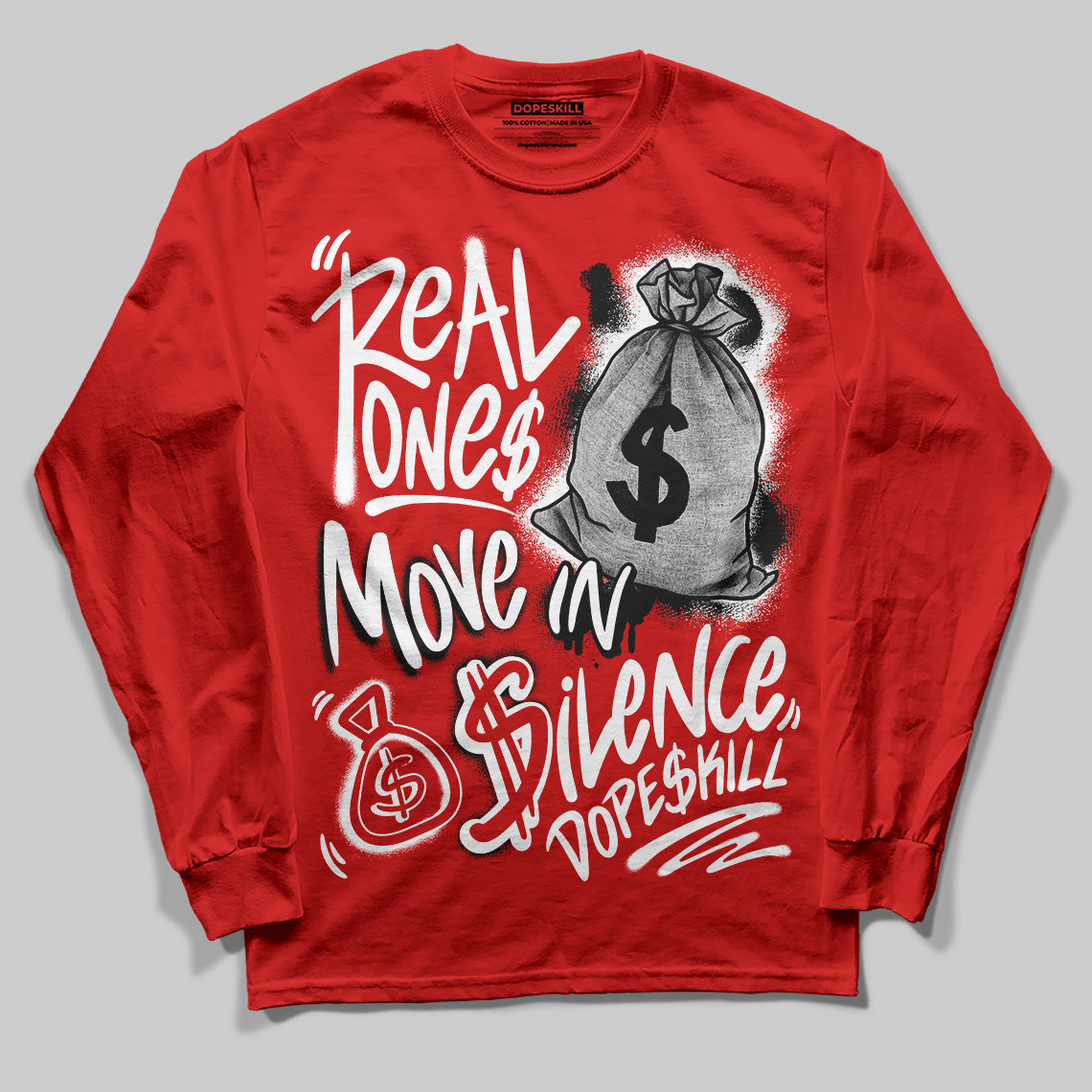 Bred Velvet 11s DopeSkill Red Long Sleeve T-Shirt Real Ones Move In Silence Graphic