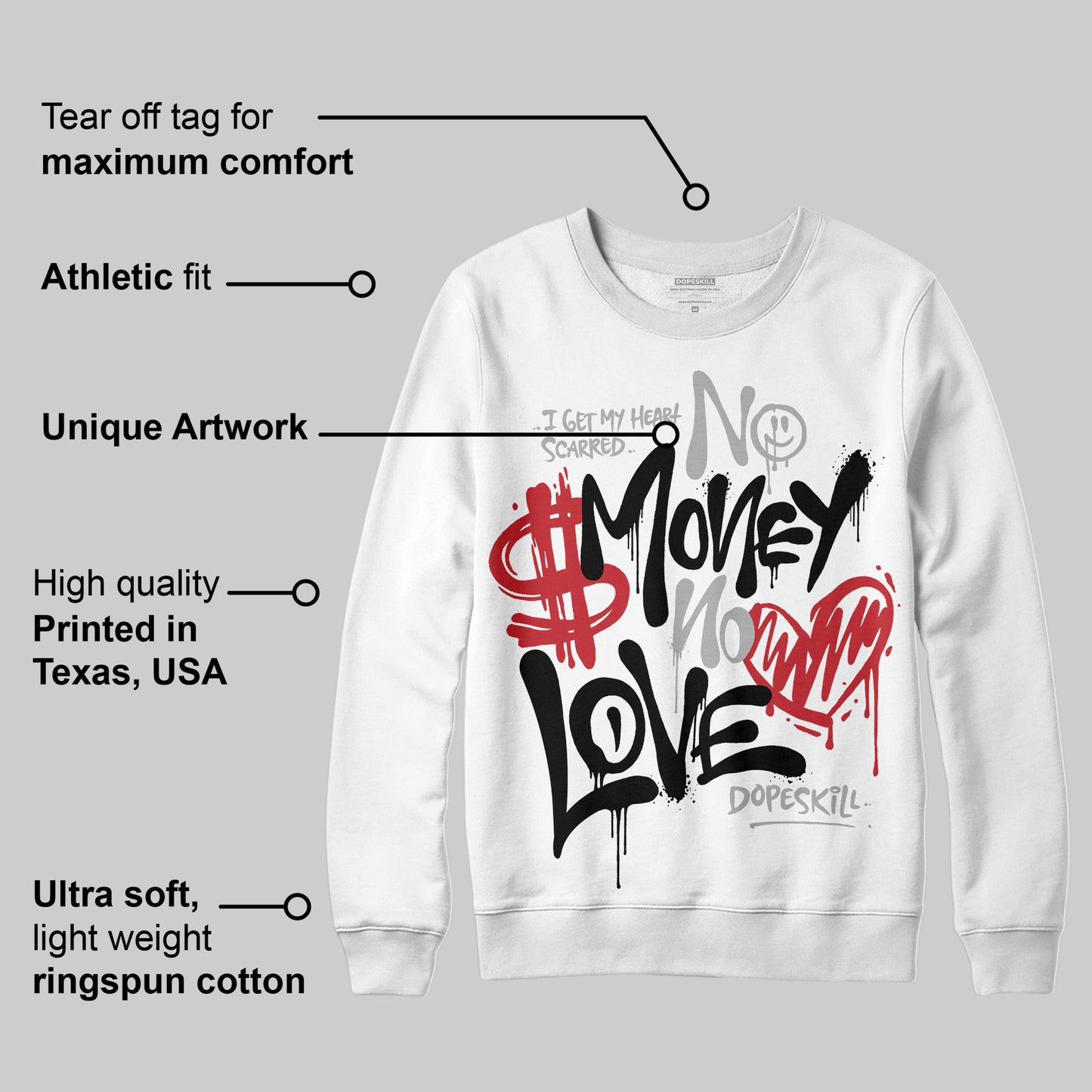 Bred 11s DopeSkill Sweatshirt No Money No Love Typo Graphic