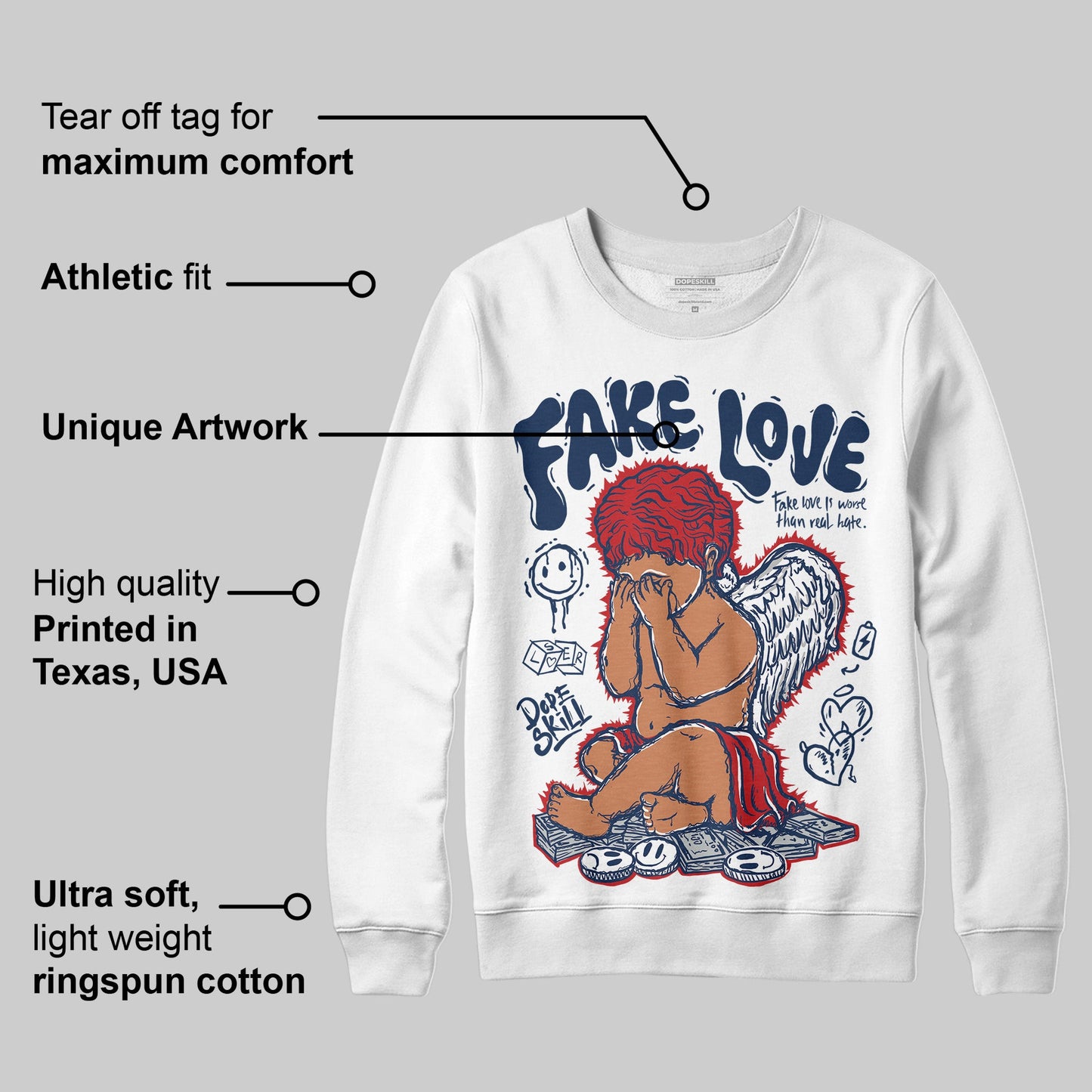 Summit White Navy 4s DopeSkill Sweatshirt False Love Graphic