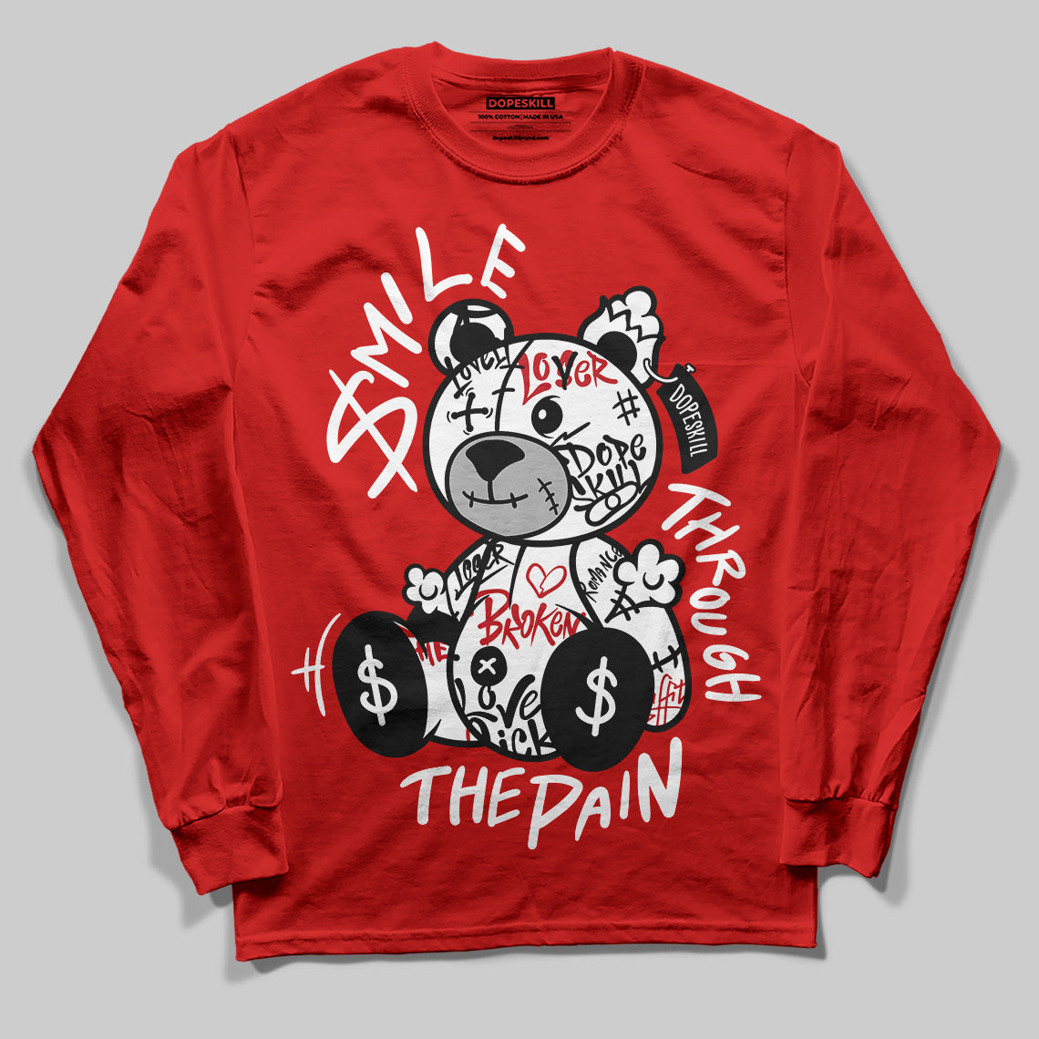 Bred Velvet 11s DopeSkill Red Long Sleeve T-Shirt Smile Through The Pain Graphic