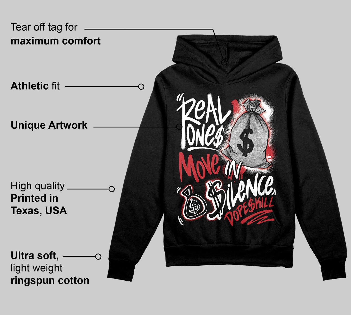 Bred Velvet 11s DopeSkill Hoodie Sweatshirt Real Ones Move In Silence Graphic