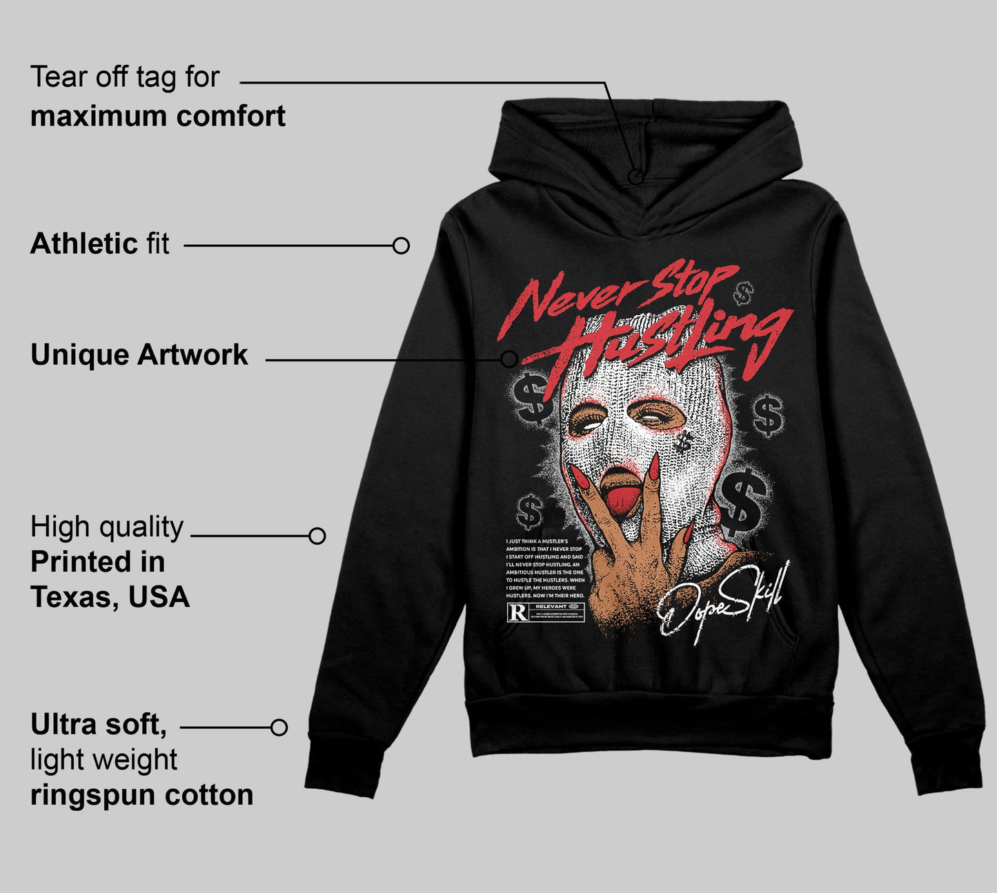 Black Cement 3s DopeSkill Hoodie Sweatshirt Never Stop Hustling Graphic