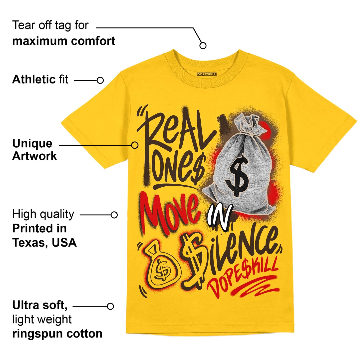 Yellow Collection DopeSkill Gold T-shirt Real Ones Move In Silence Graphic