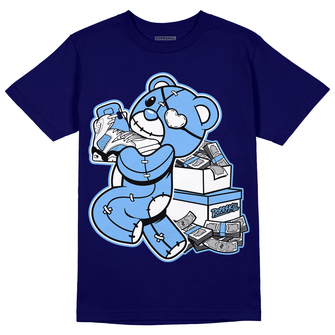 AJ 6 University Blue DopeSkill College Navy T-Shirt Bear Steals Sneaker Graphic