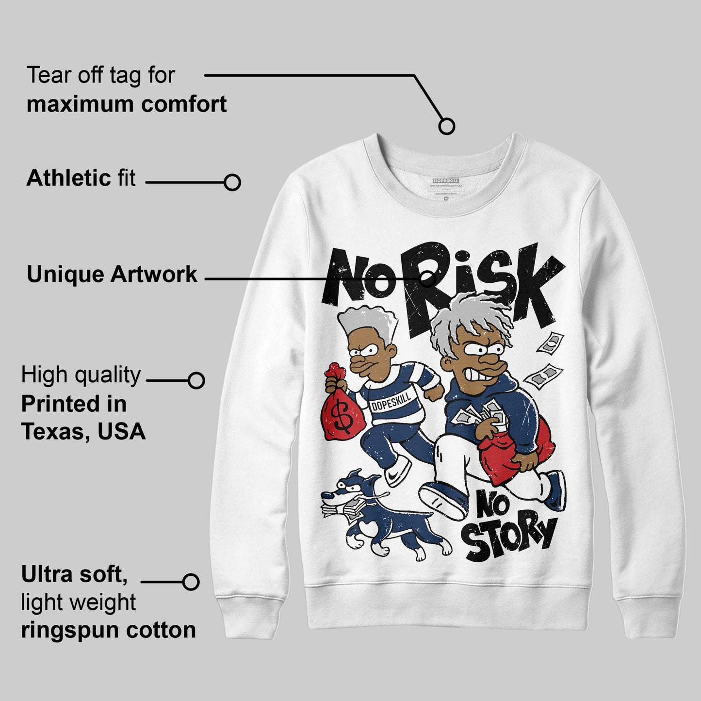 Summit White Navy 4s DopeSkill Sweatshirt No Risk No Story Graphic