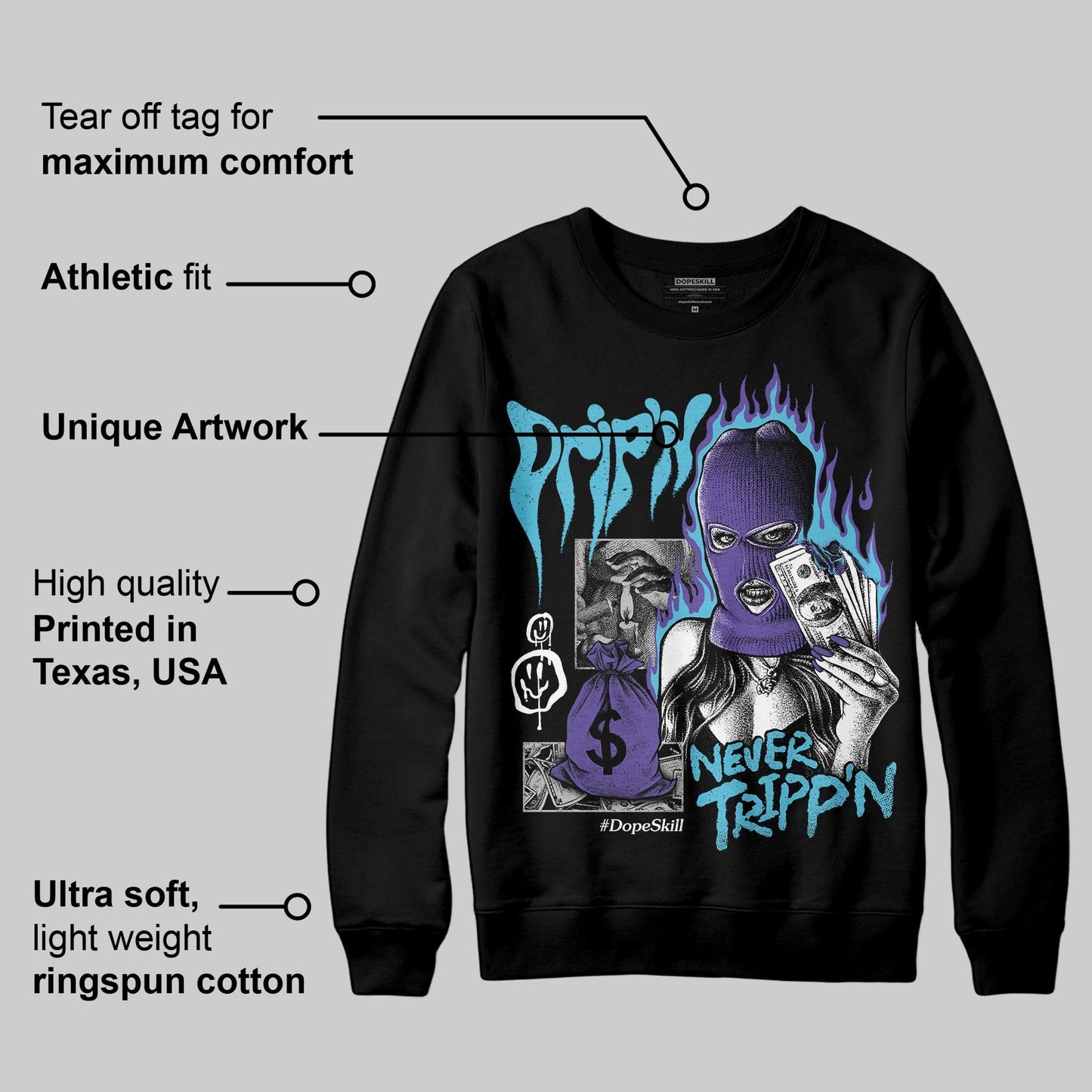 Aqua 8s DopeSkill Sweatshirt Drip'n Never Tripp'n Graphic