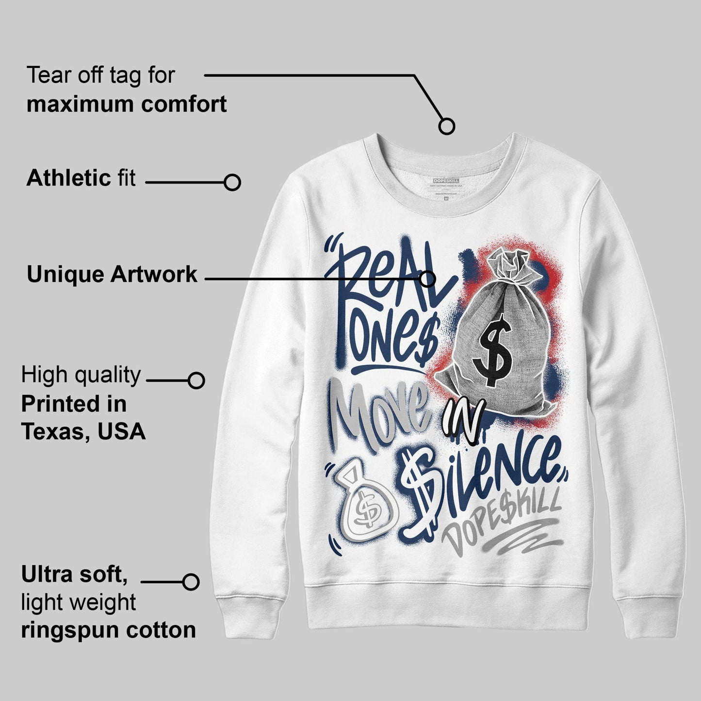 Summit White Navy 4s DopeSkill Sweatshirt Real Ones Move In Silence Graphic