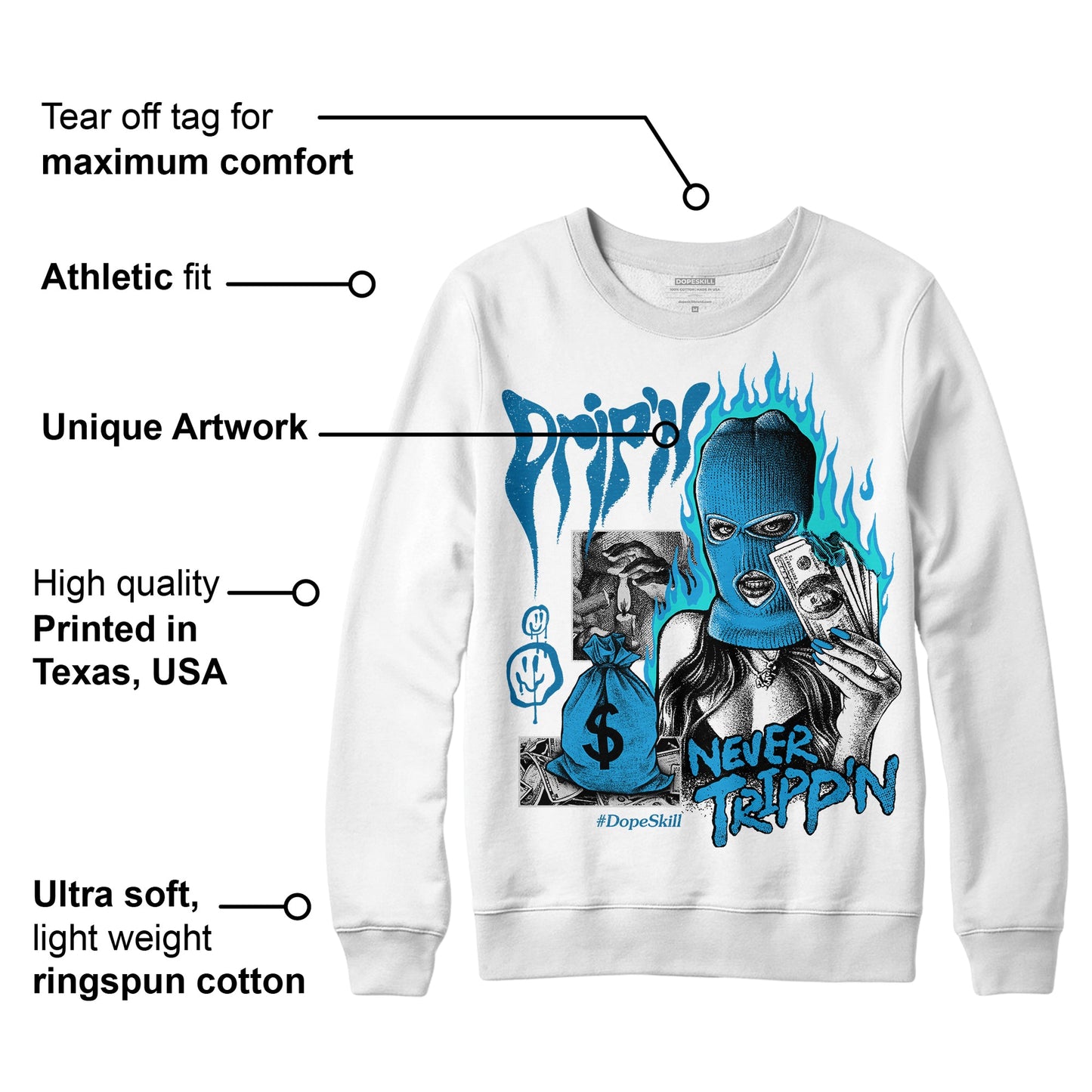 Military Blue 4s DopeSkill Sweatshirt Drip'n Never Tripp'n Graphic