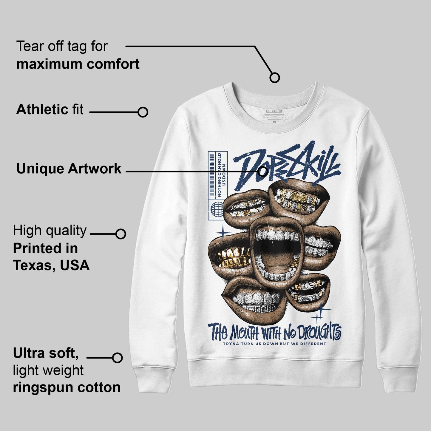 Summit White Navy 4s DopeSkill Sweatshirt The Mouth With No Droughts Graphic