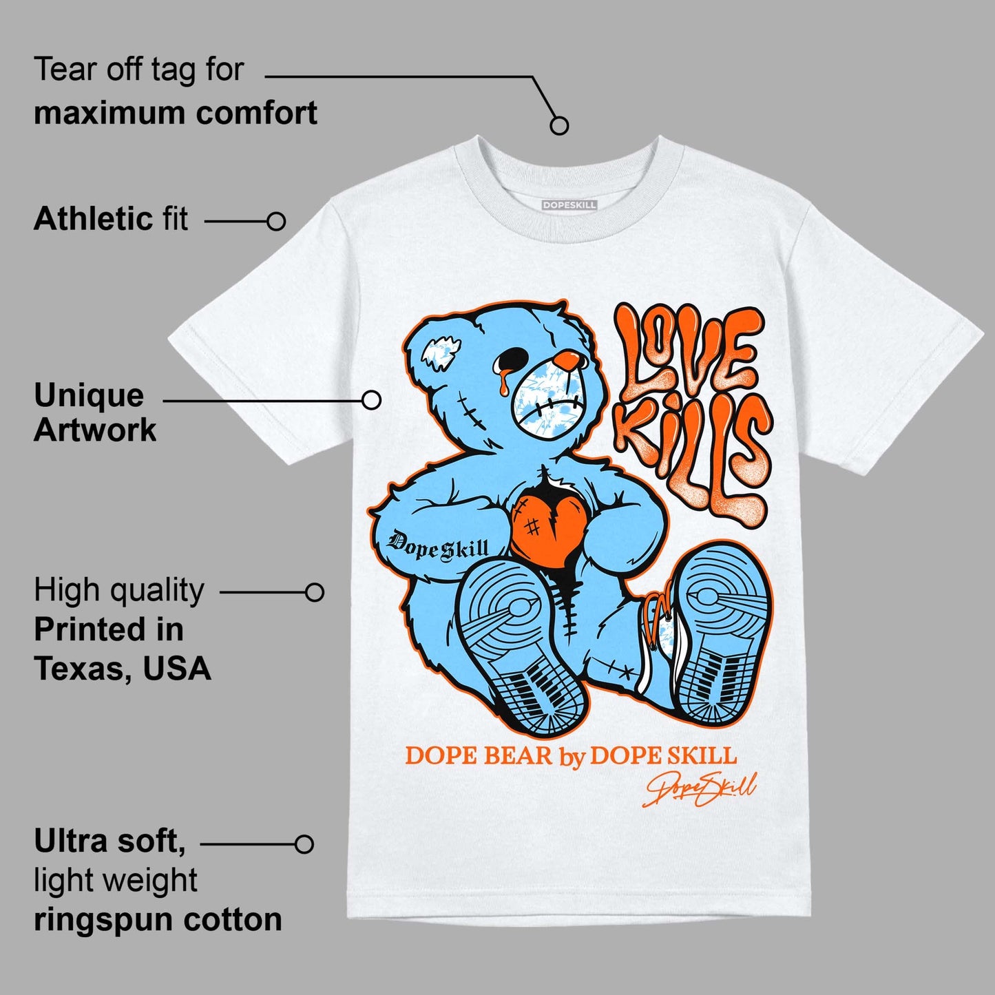 Dunk Low Futura University Blue DopeSkill T-Shirt Love Kills Graphic