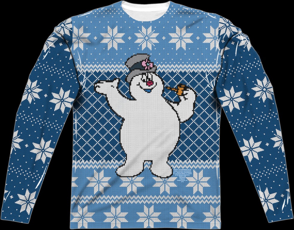 Frosty The Snowman Faux Ugly Christmas Sweater Long Sleeve Tee