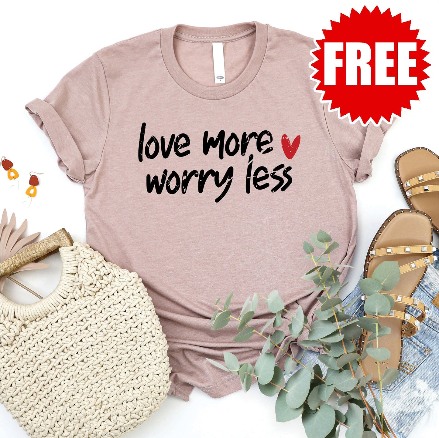 Love More Worry Less - Heart Tee - Heather Pink Gravel - FREE