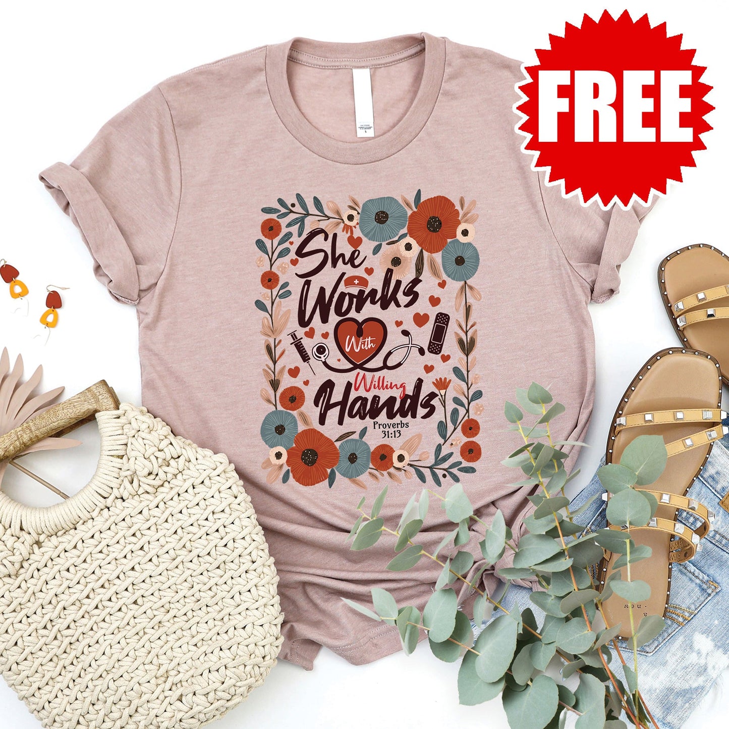 She Works Tee - Heather Pink Gravel - FREE