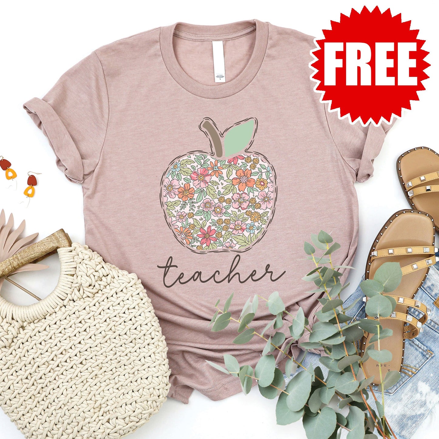 Teacher Apple Tee - Heather Pink Gravel - FREE