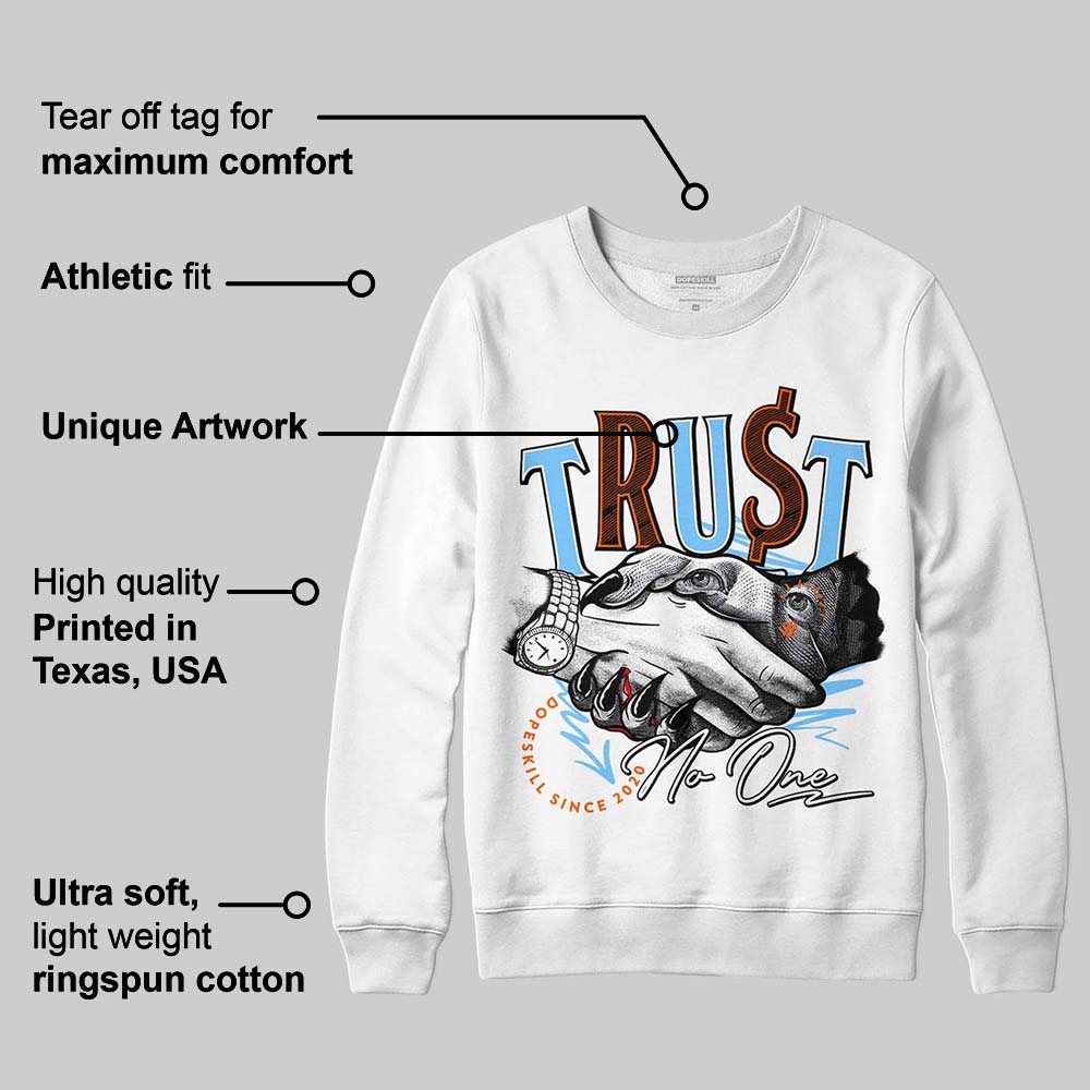 Dunk Low Futura University Blue DopeSkill Sweatshirt Trust No One Graphic