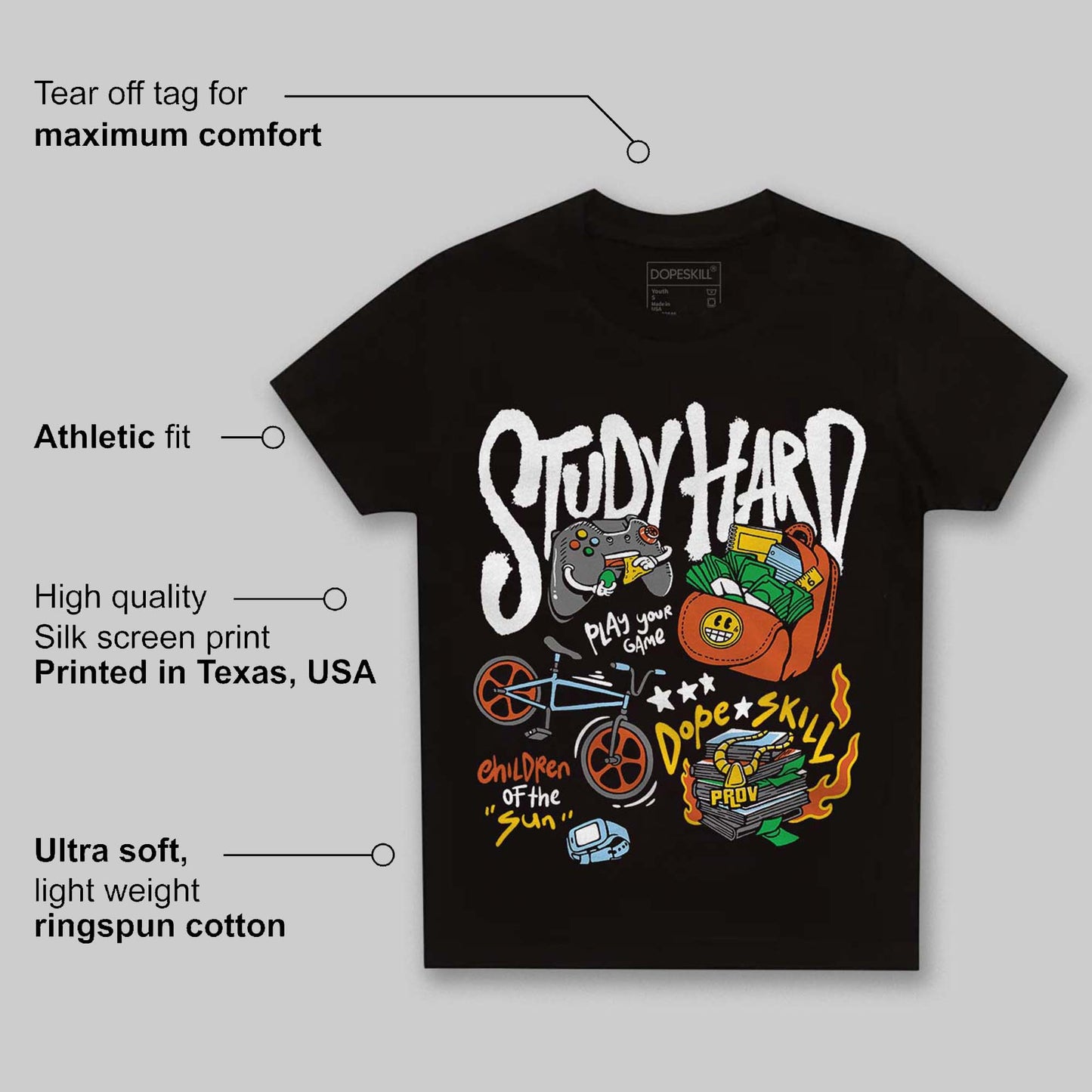 Black and White Collection DopeSkill Toddler Kids T-shirt Study Hard Graphic