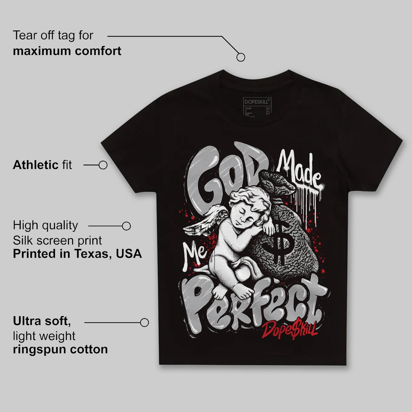 Black Cement 3s DopeSkill Toddler Kids T-shirt God Made Me Perfect Graphic