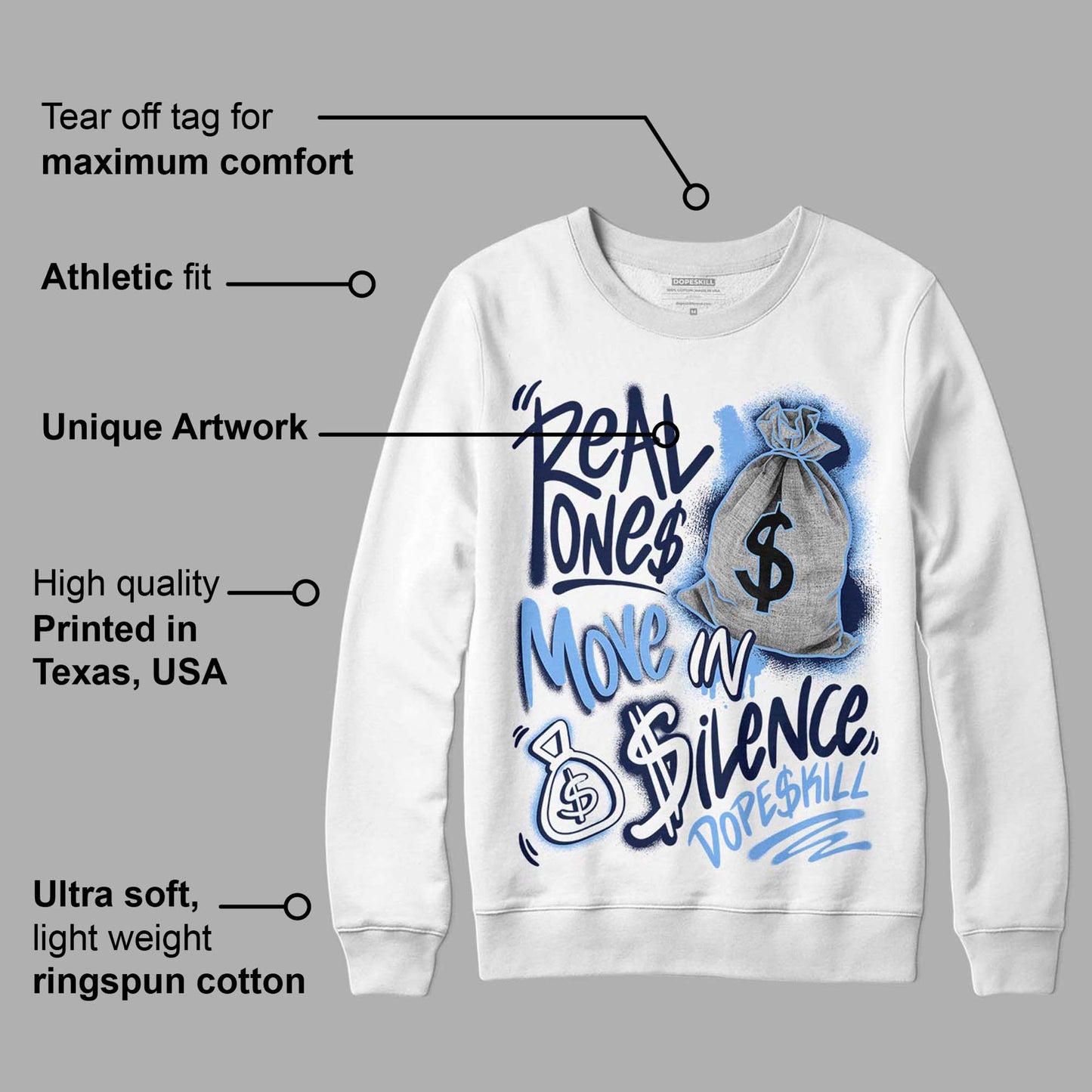 Midnight Navy 5s DopeSkill Sweatshirt Real Ones Move In Silence Graphic