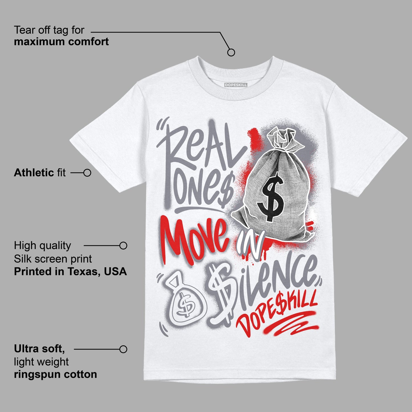 Fire Red 9s DopeSkill T-Shirt Real Ones Move In Silence Graphic