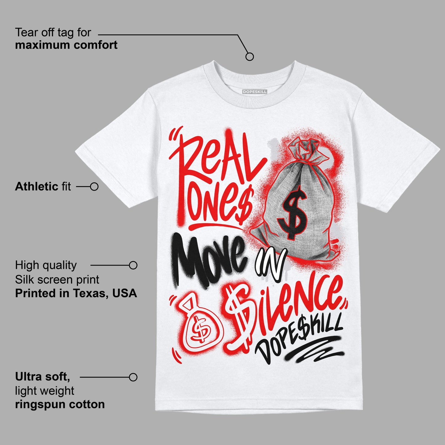 Red Cement 4S DopeSkill T-Shirt Real Ones Move In Silence Graphic