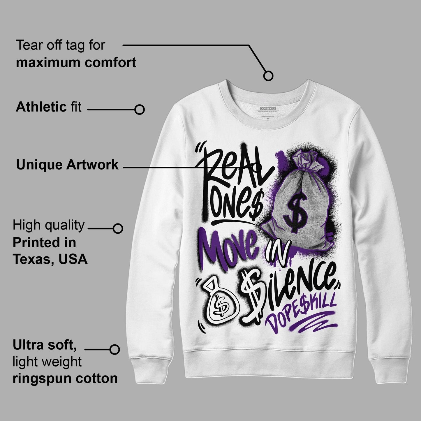 Field Purple 12s DopeSkill Sweatshirt Real Ones Move In Silence Graphic